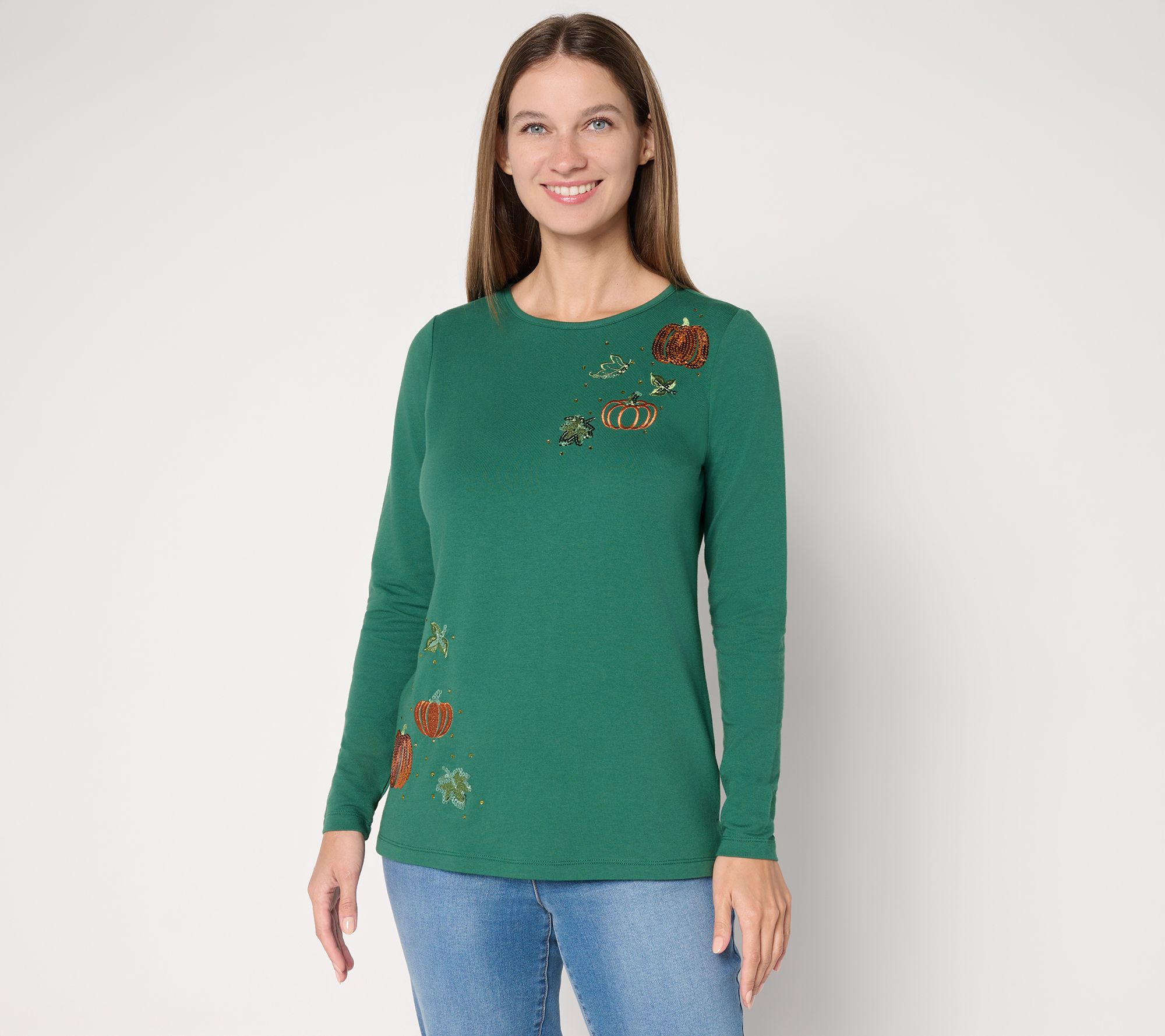 Quacker Factory Pumpkin Patch Embellished French Terry Shirt