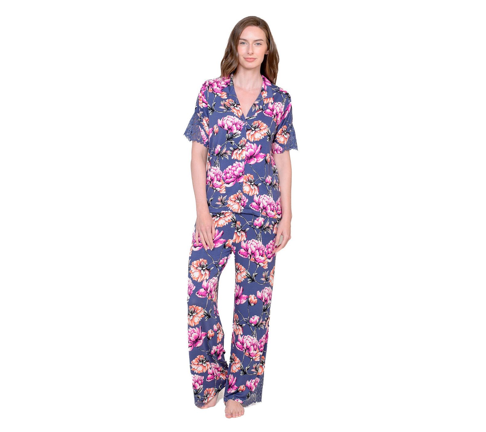 LATTELOVE Notch Collar Top & Pant PJ Set with Lace Detail