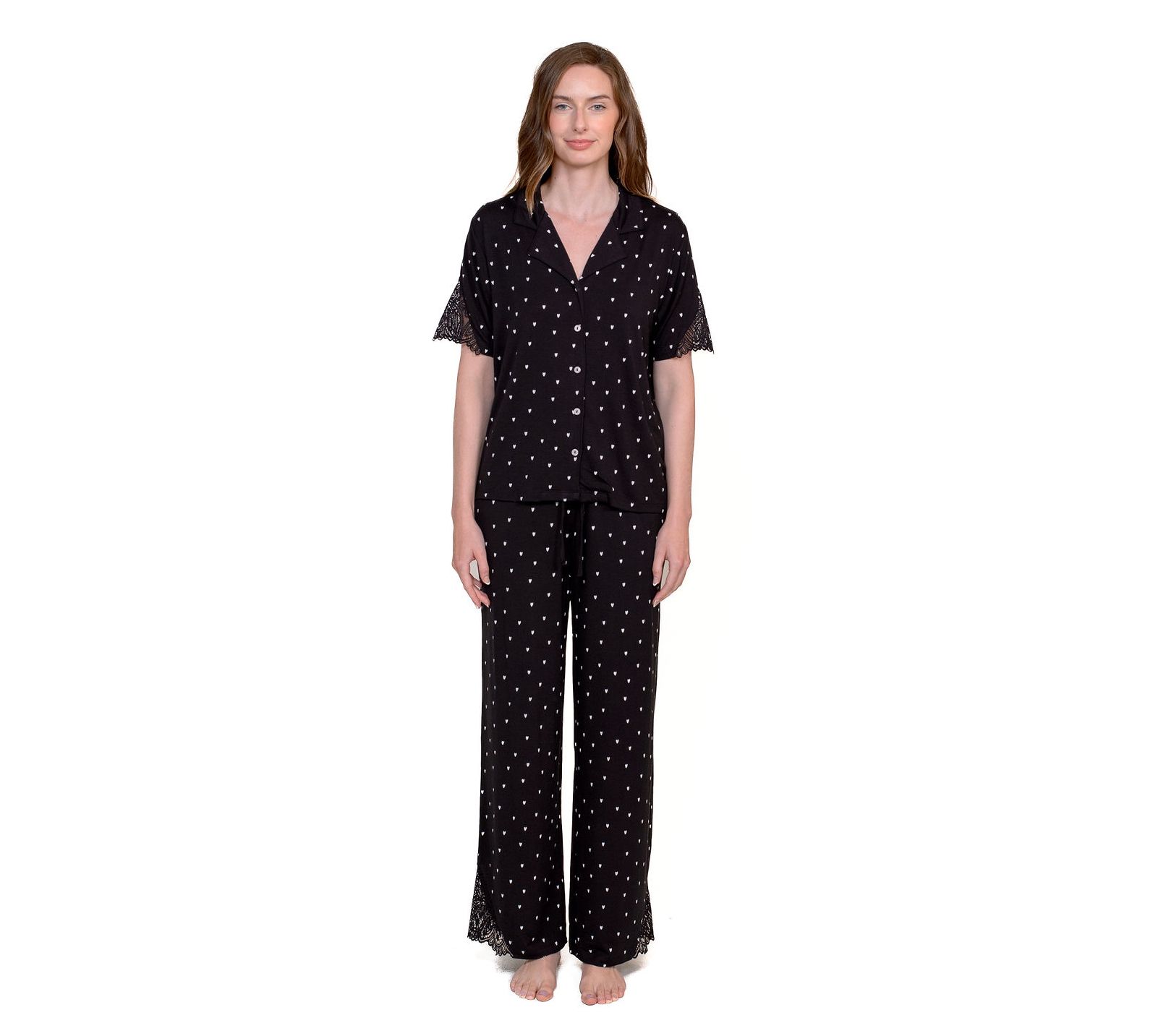LATTELOVE Notch Collar Top & Pant PJ Set with Lace Detail