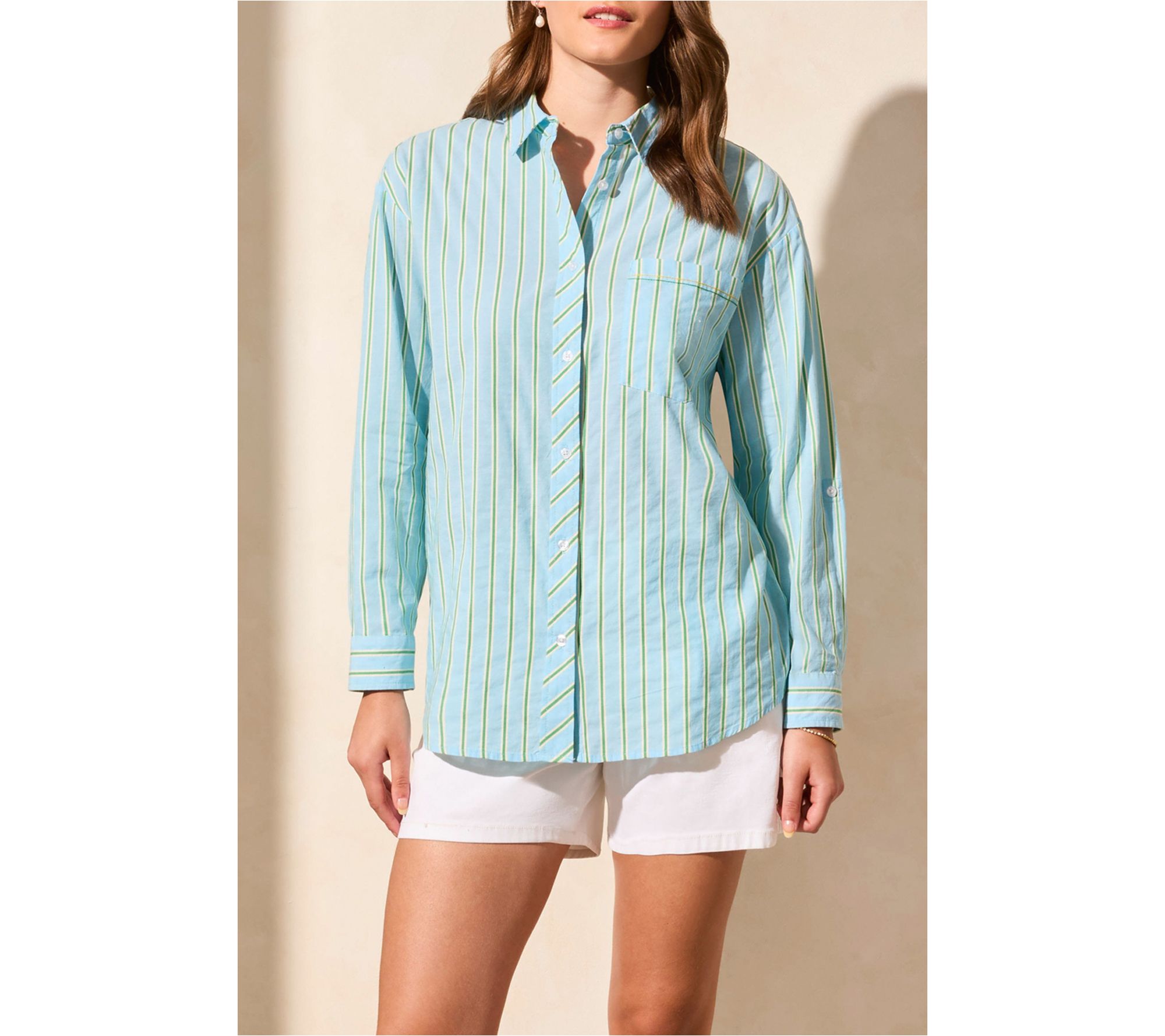 Tribal Poplin Double Stripe Roll-Up Sleeve Button-Front Shirt