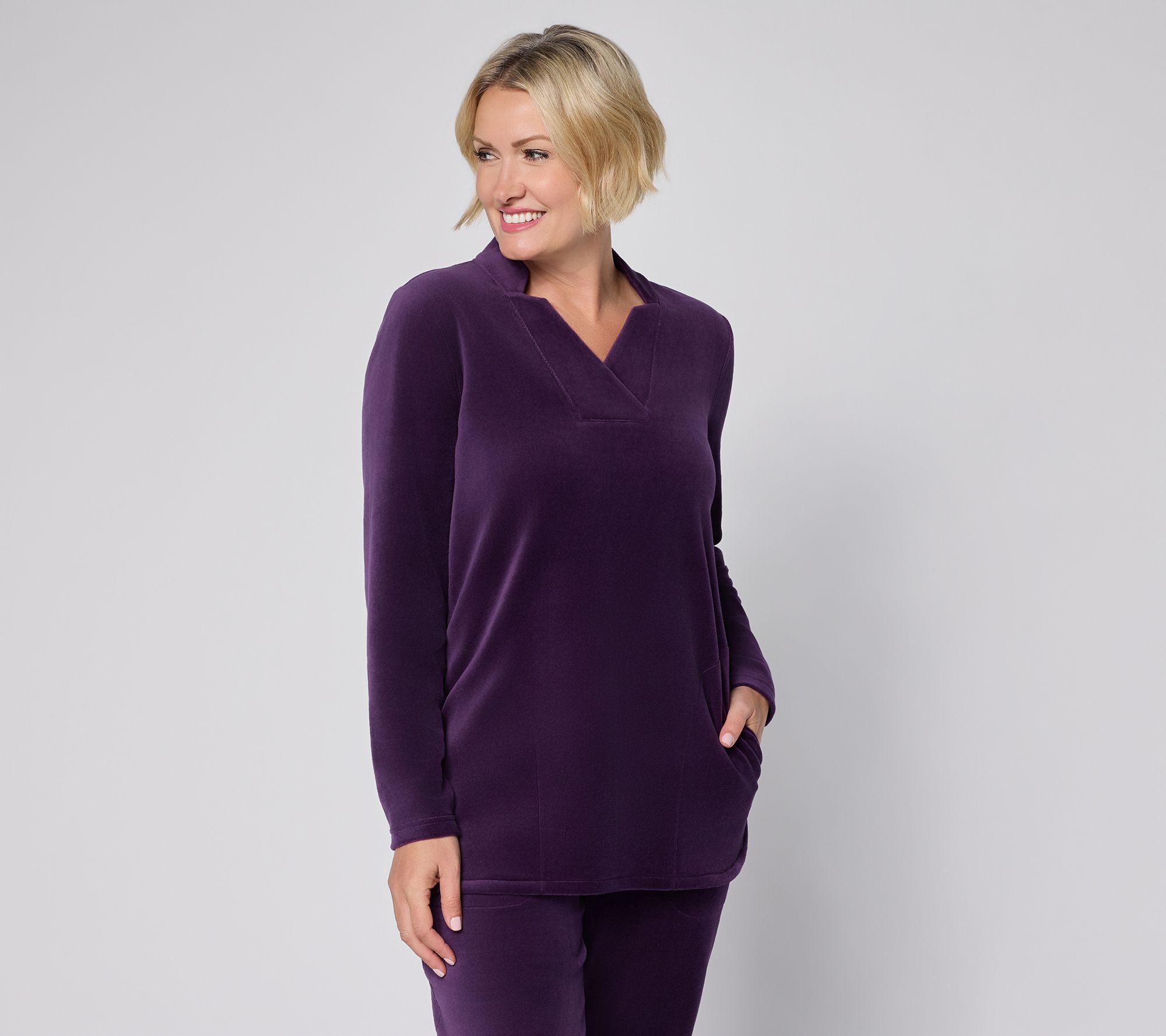 Denim & Co. Active Petite Velour Notch Collar Tunic