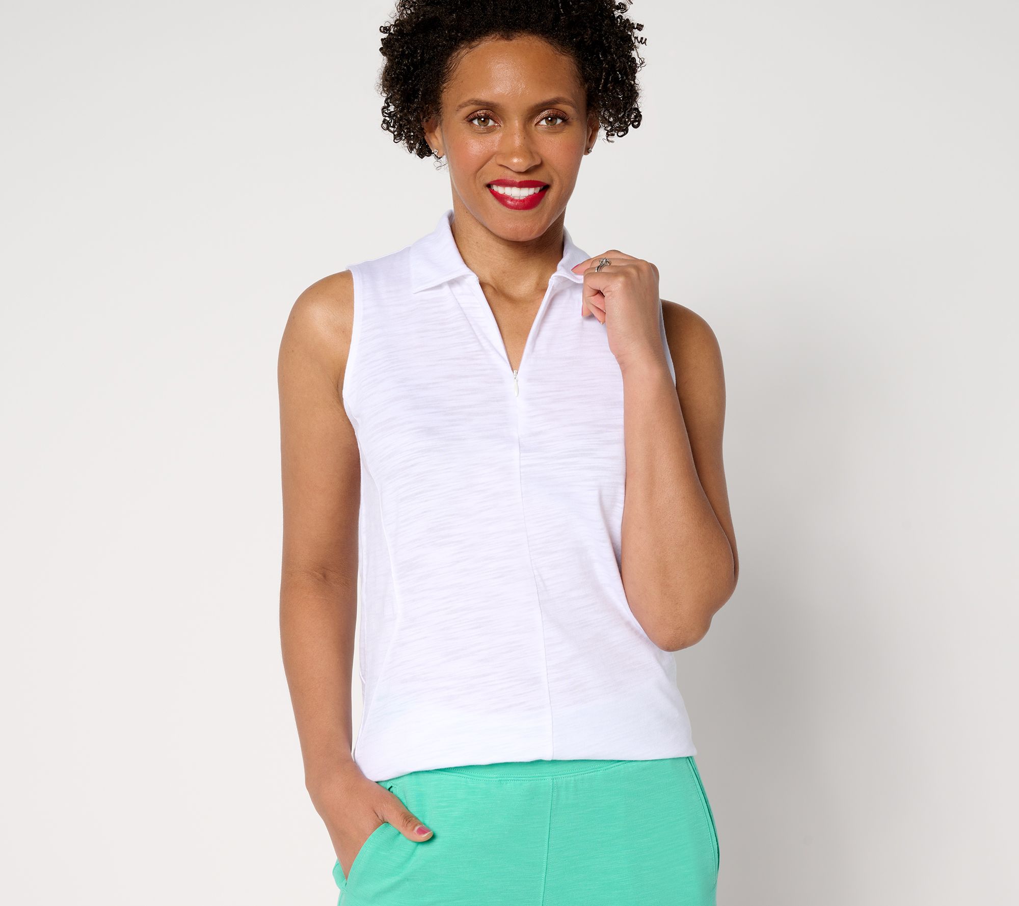 "As Is" Belle Body by Kim Gravel Slub Knit Half Zip Sleeveless Polo