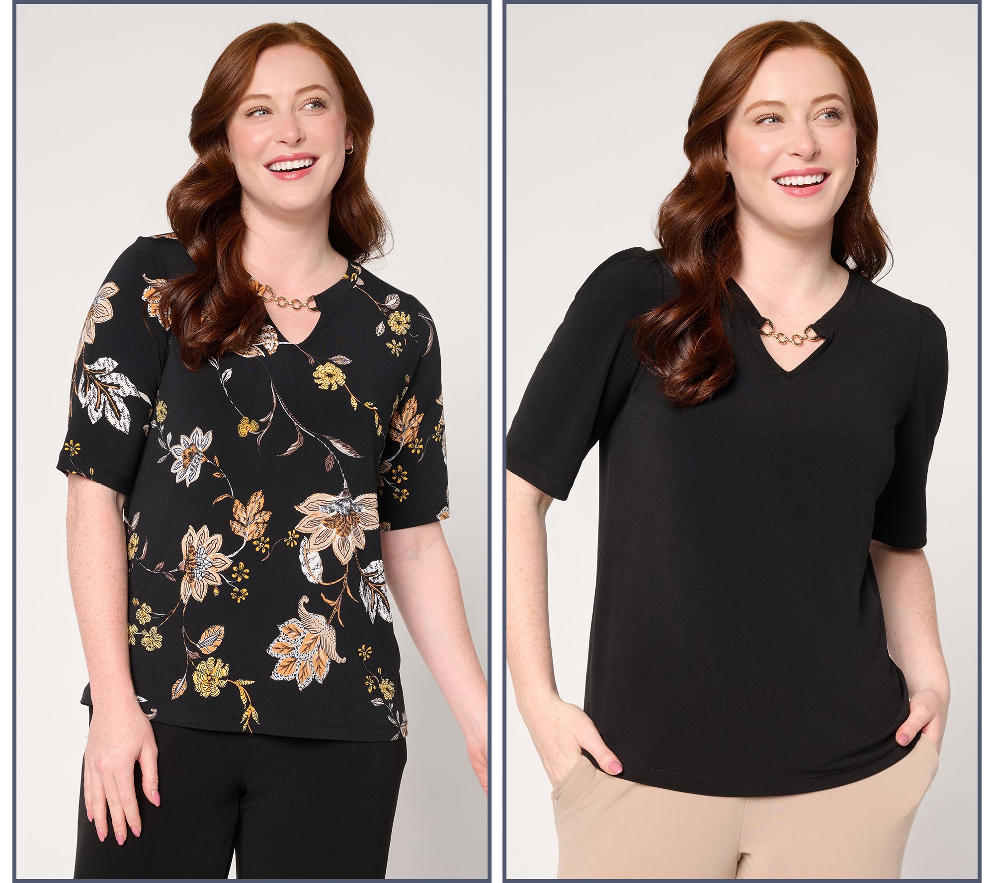 Susan Graver Liquid Knit Print & Solid Set of 2 Tops w/ Keyhole Trim