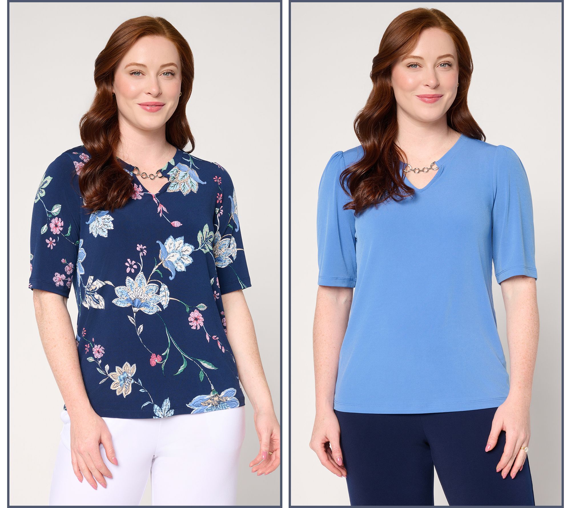 Susan Graver Liquid Knit Print & Solid Set of 2 Tops w/ Keyhole Trim