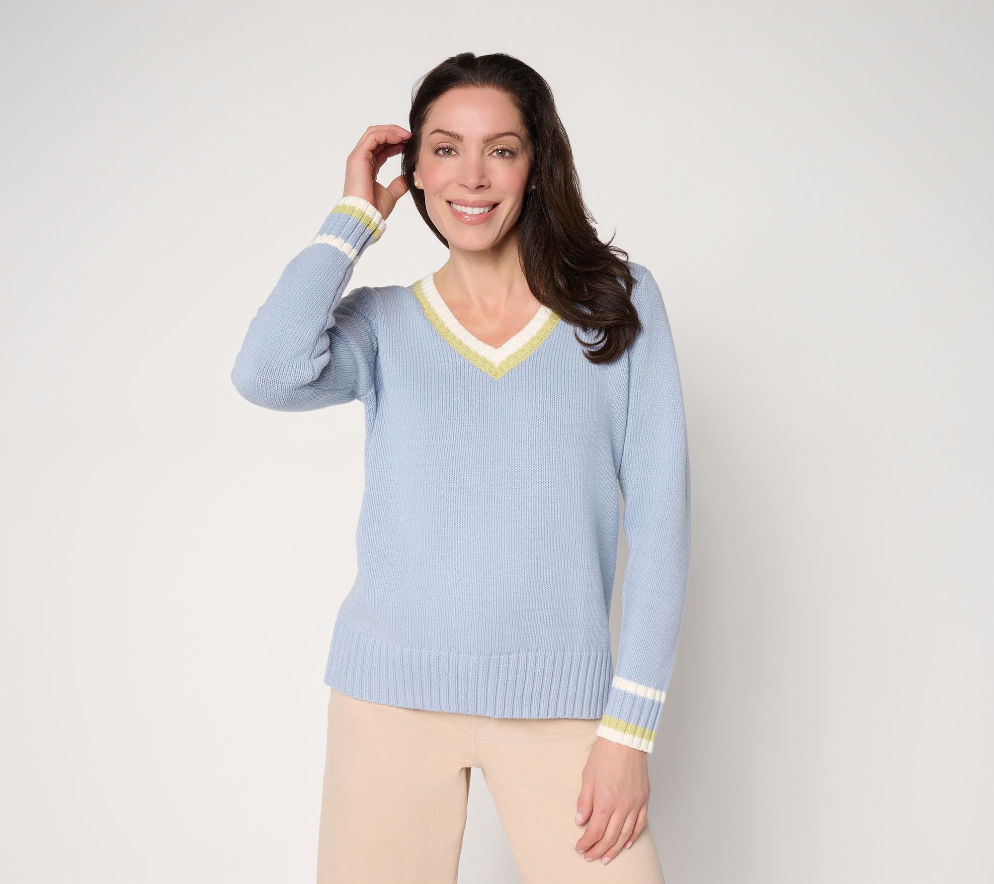  Peace Love World V-Neck Tipped Pullover Sweater