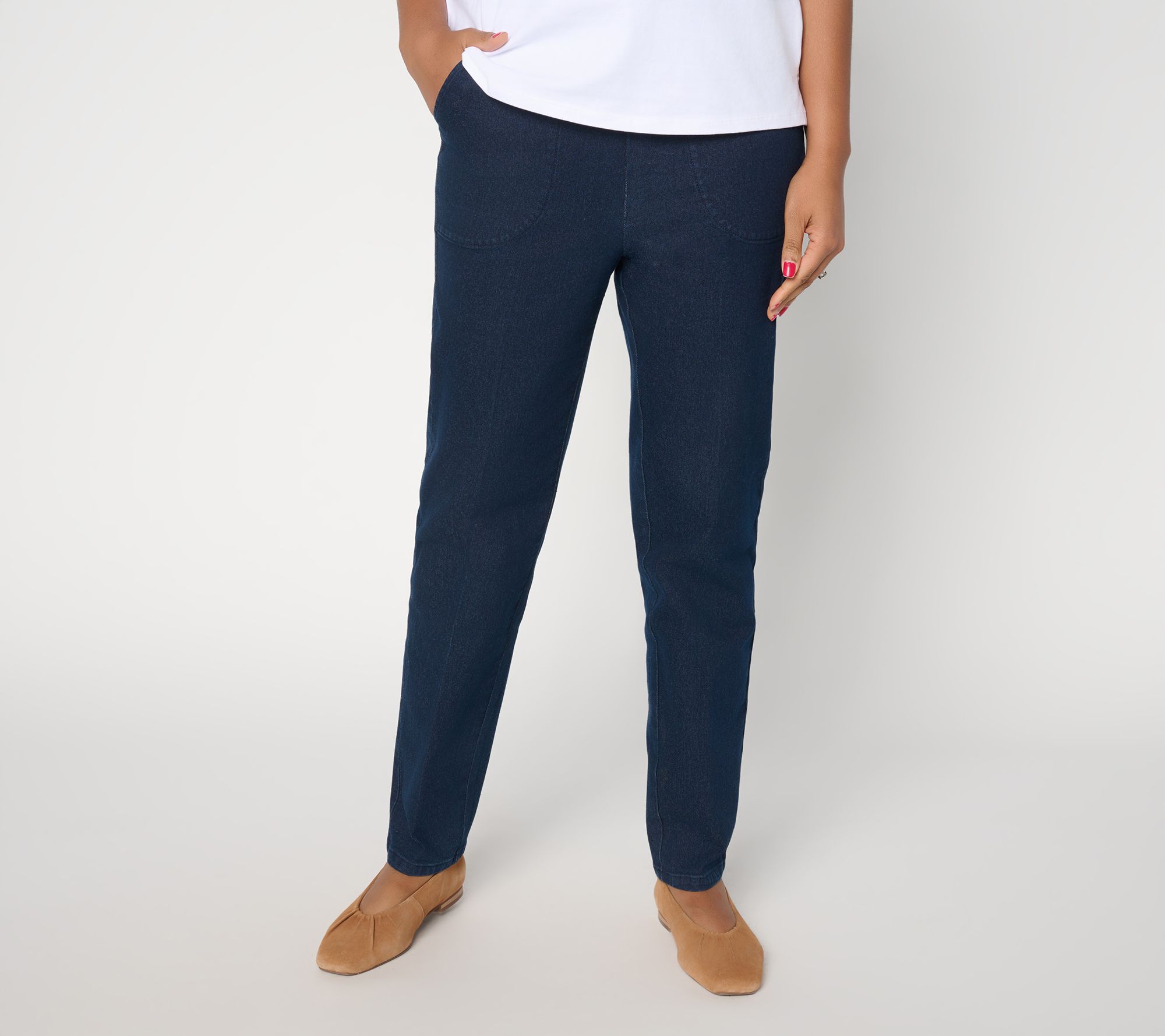 Denim & Co Petite Indigo Flat Front Side Pocket Pants w/ Front Crease