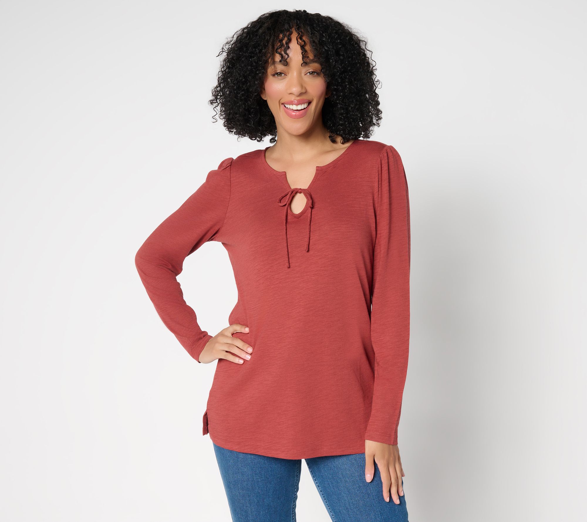 "As Is" Belle by Kim Gravel Slub Knit U Neck Tie Front Top