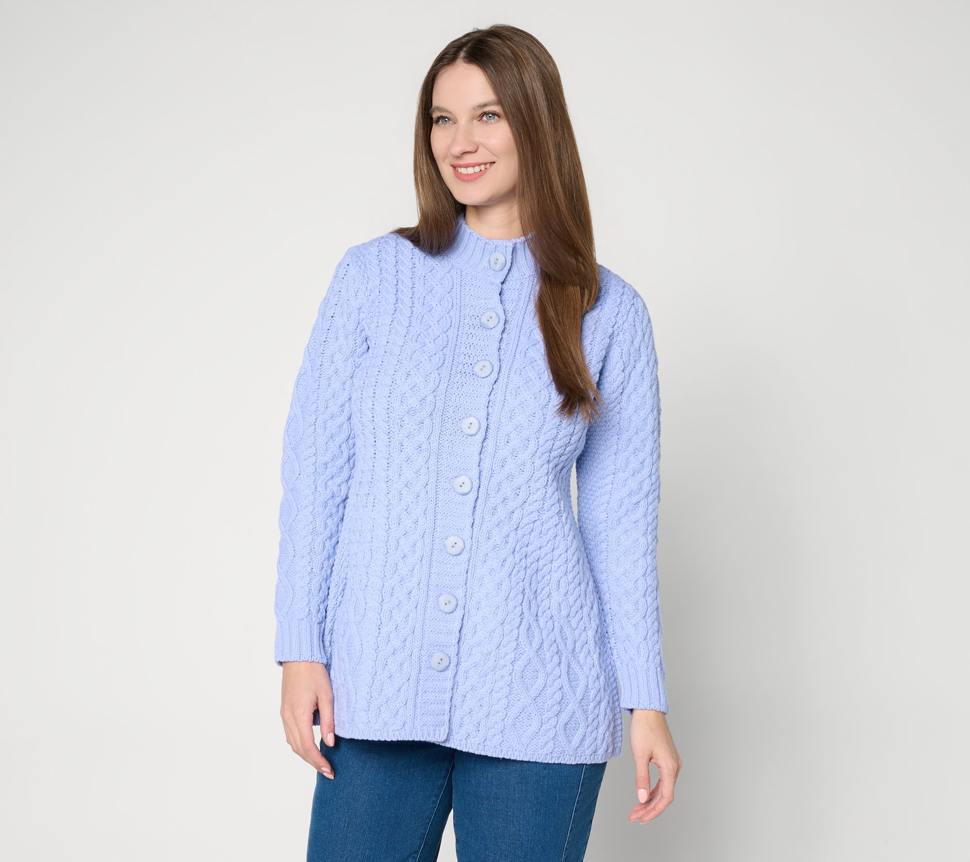 Aran Crafts Merino Wool Peplum Button Front Cardigan