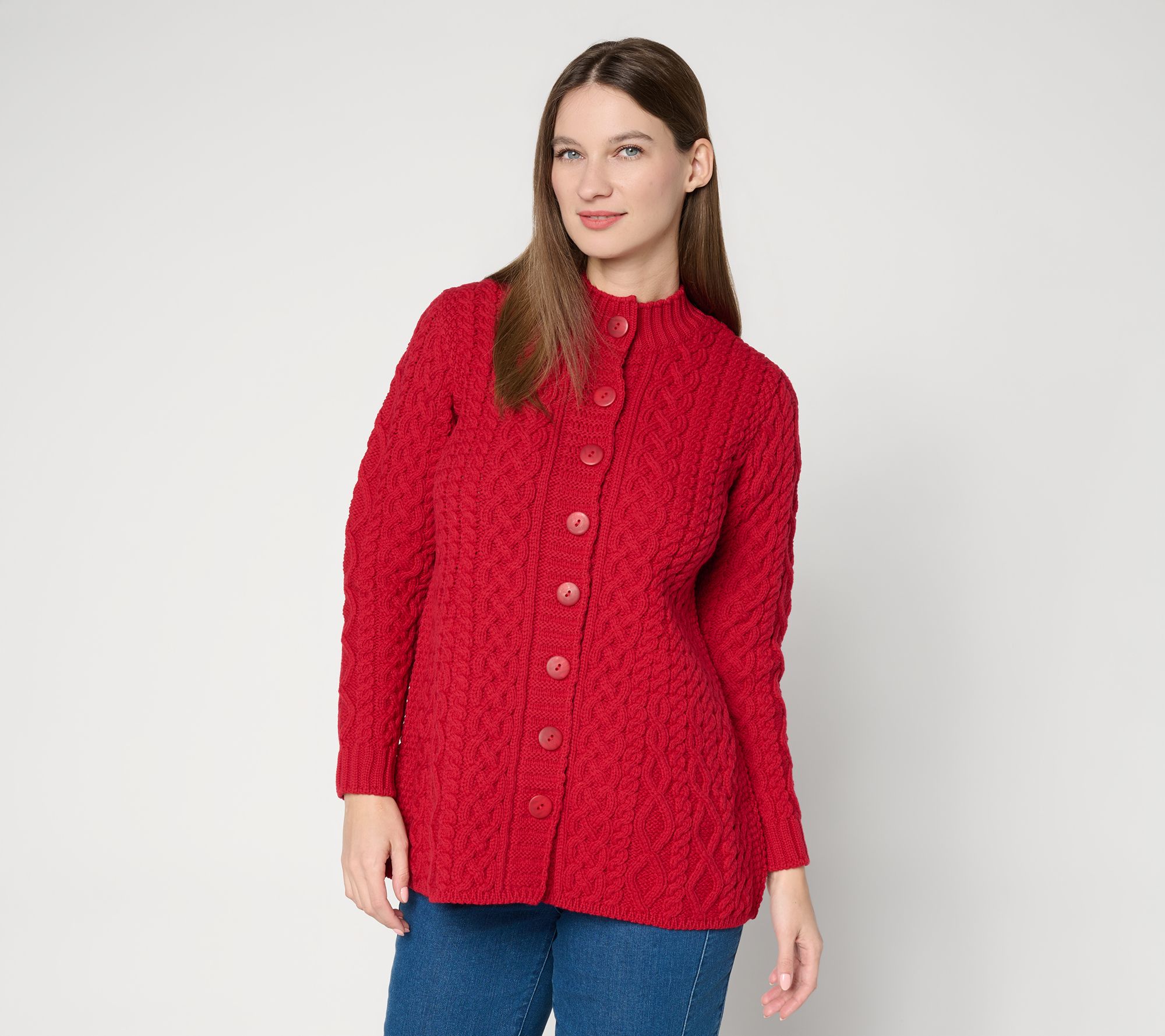 Aran Crafts Merino Wool Peplum Button Front Cardigan
