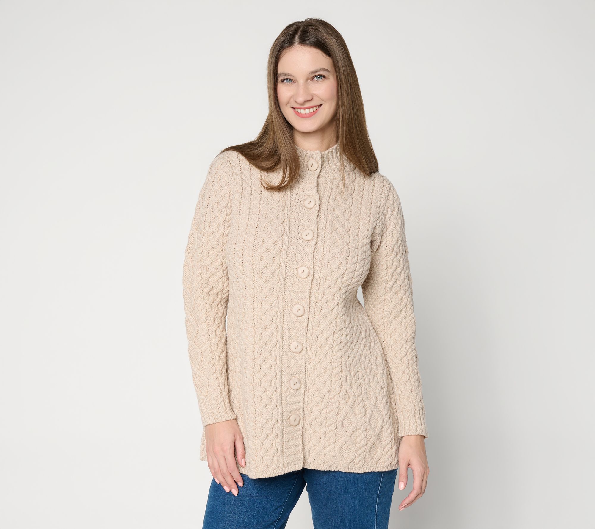Aran Crafts Merino Wool Peplum Button Front Cardigan