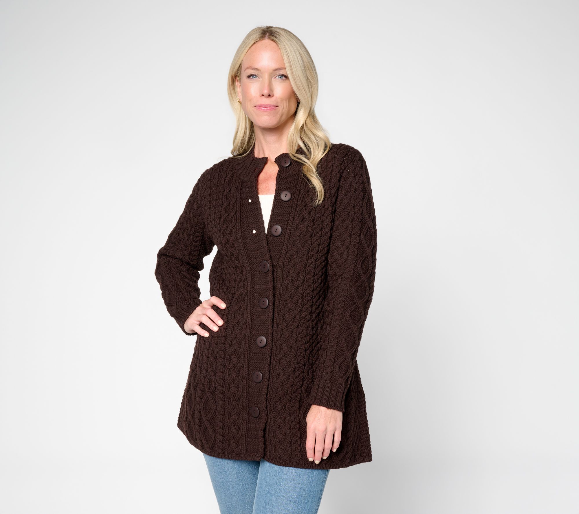 Aran Crafts Merino Wool Peplum Button Front Cardigan