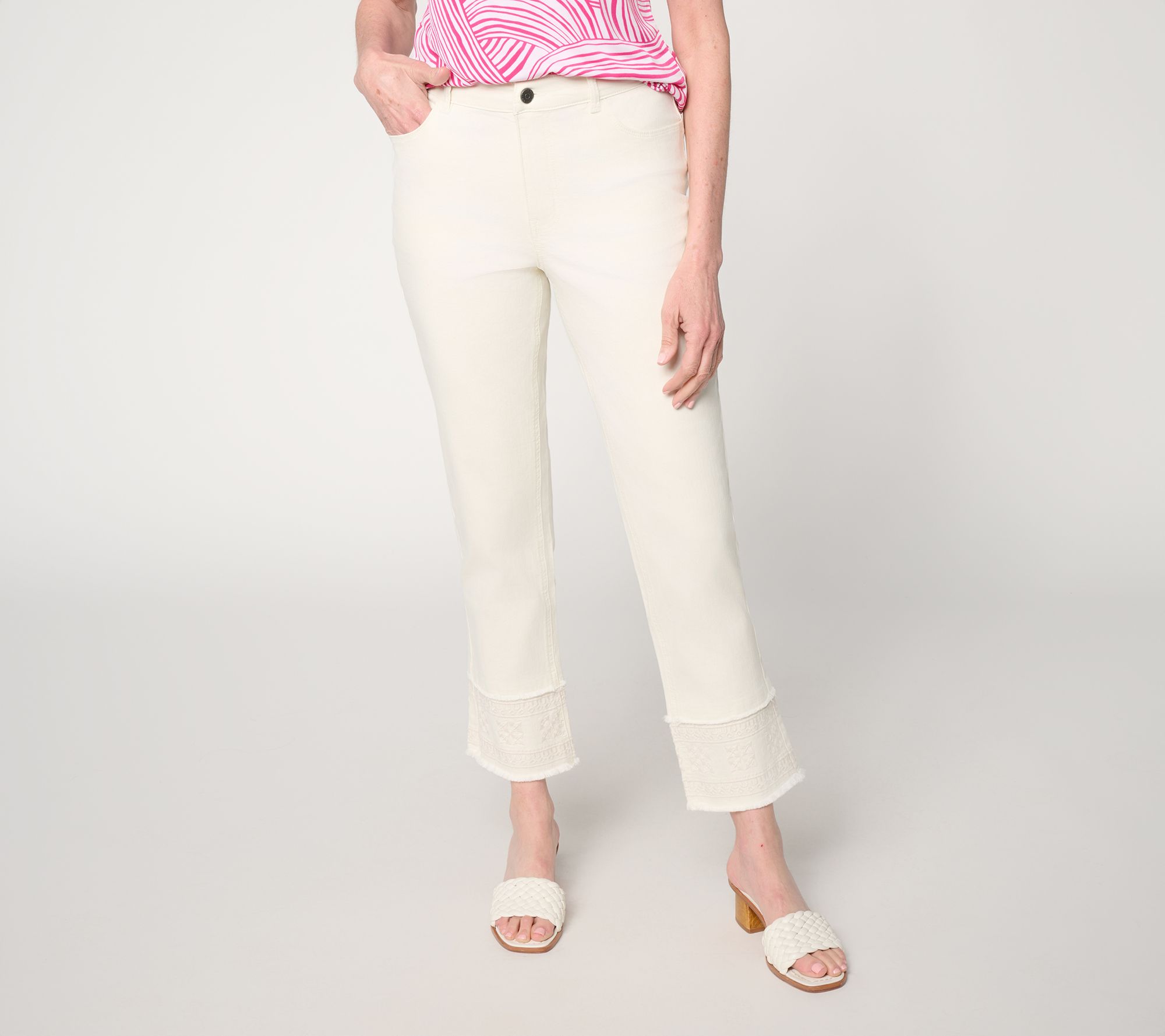 Susan Graver Petite Stretch Denim Embroidered Hem Ankle Jean