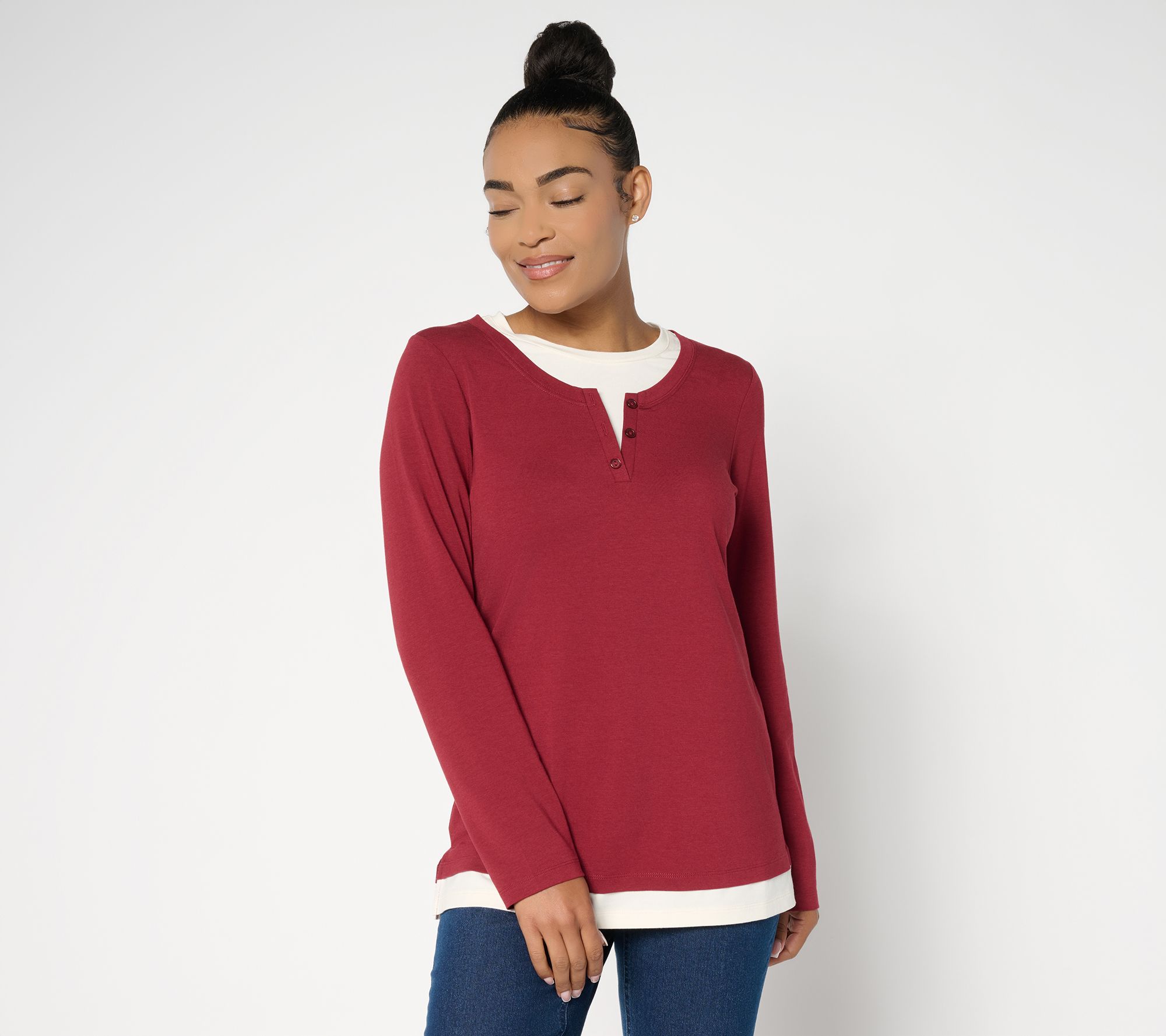 "As Is" Denim & Co. Essentials So Soft Jersey Henley 2fer Top