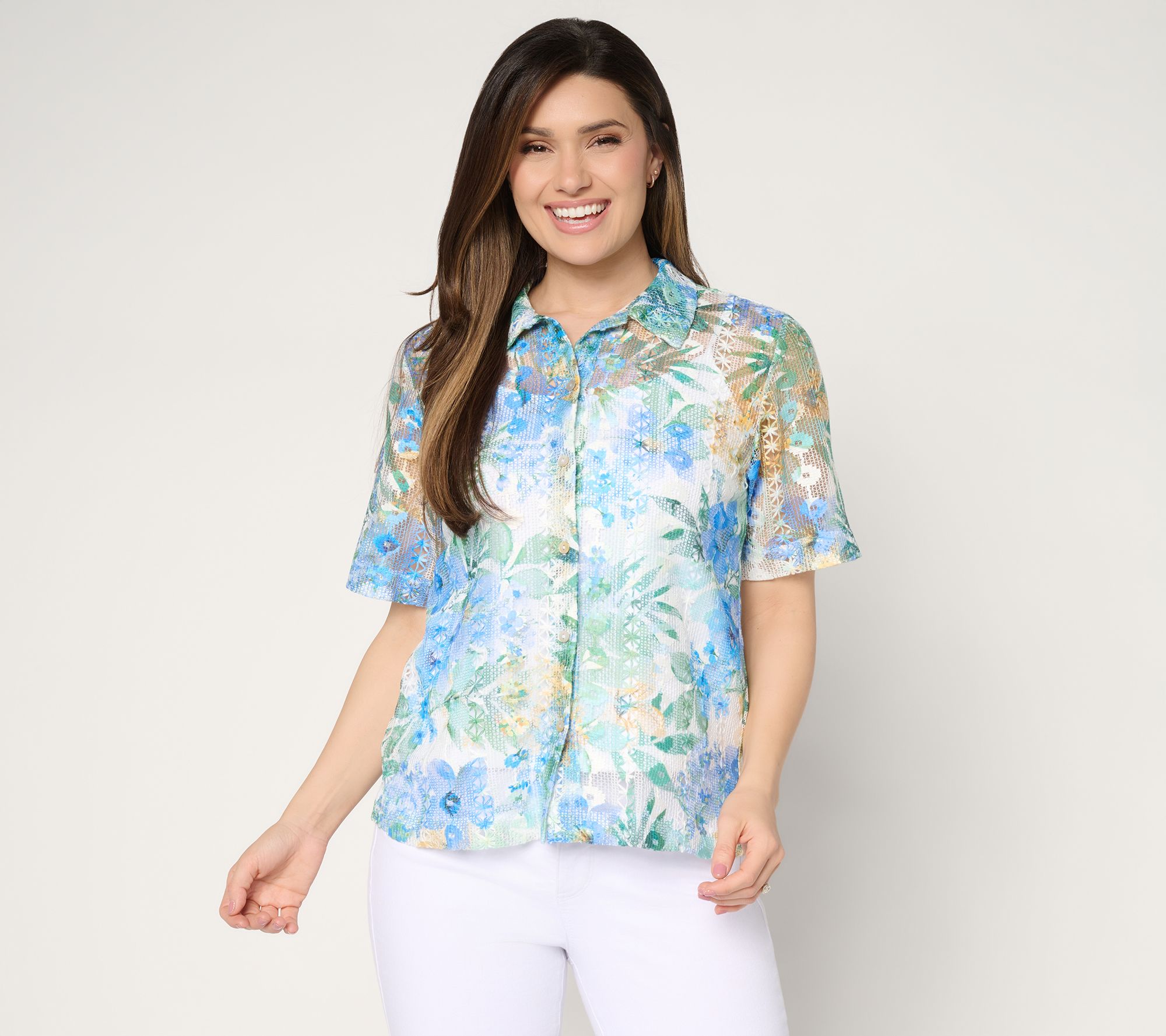 Susan Graver Printed Lace Button Front Camp Shirt