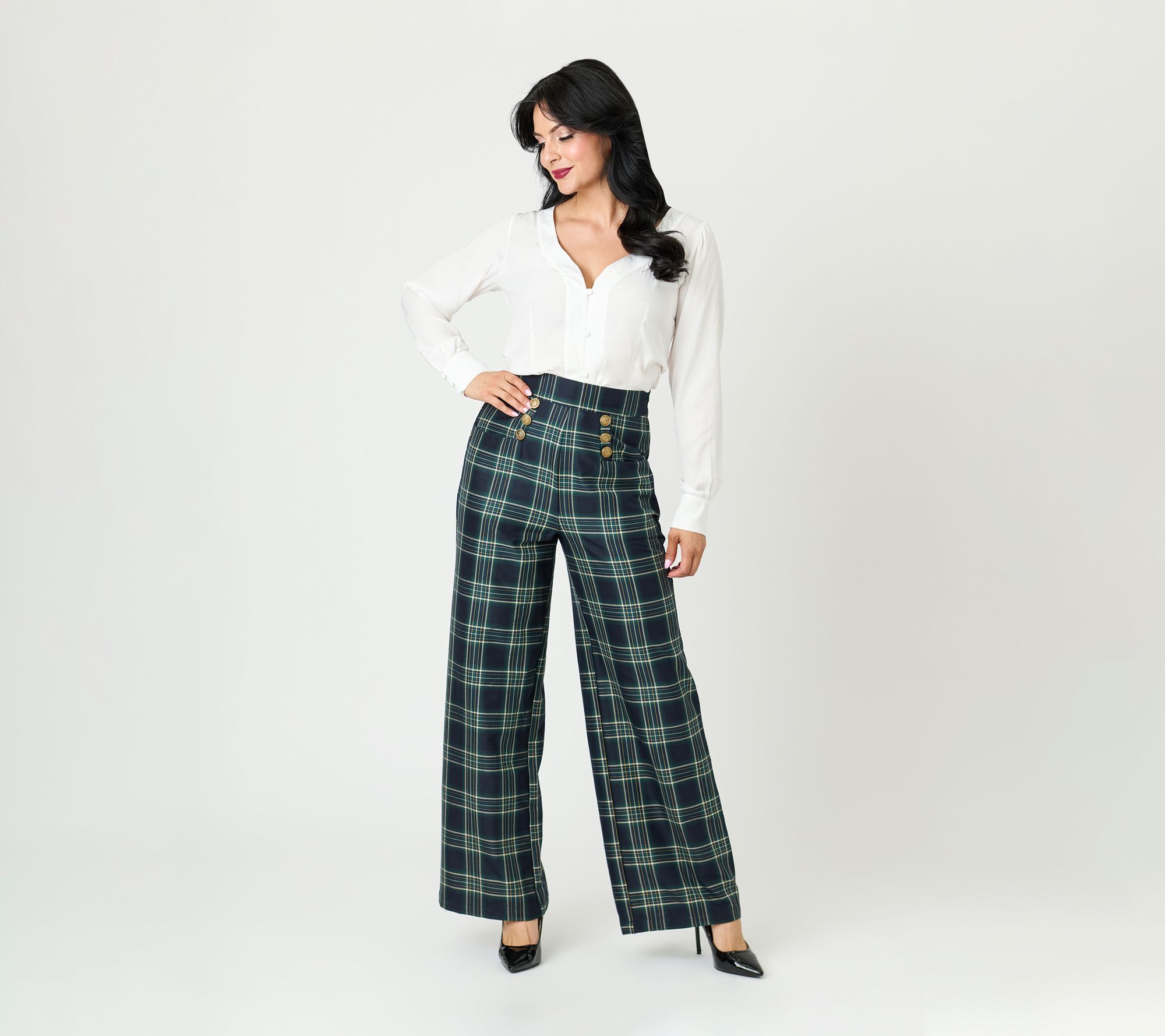 Unique Vintage Green Plaid High Waist Sailor Ginger Pants