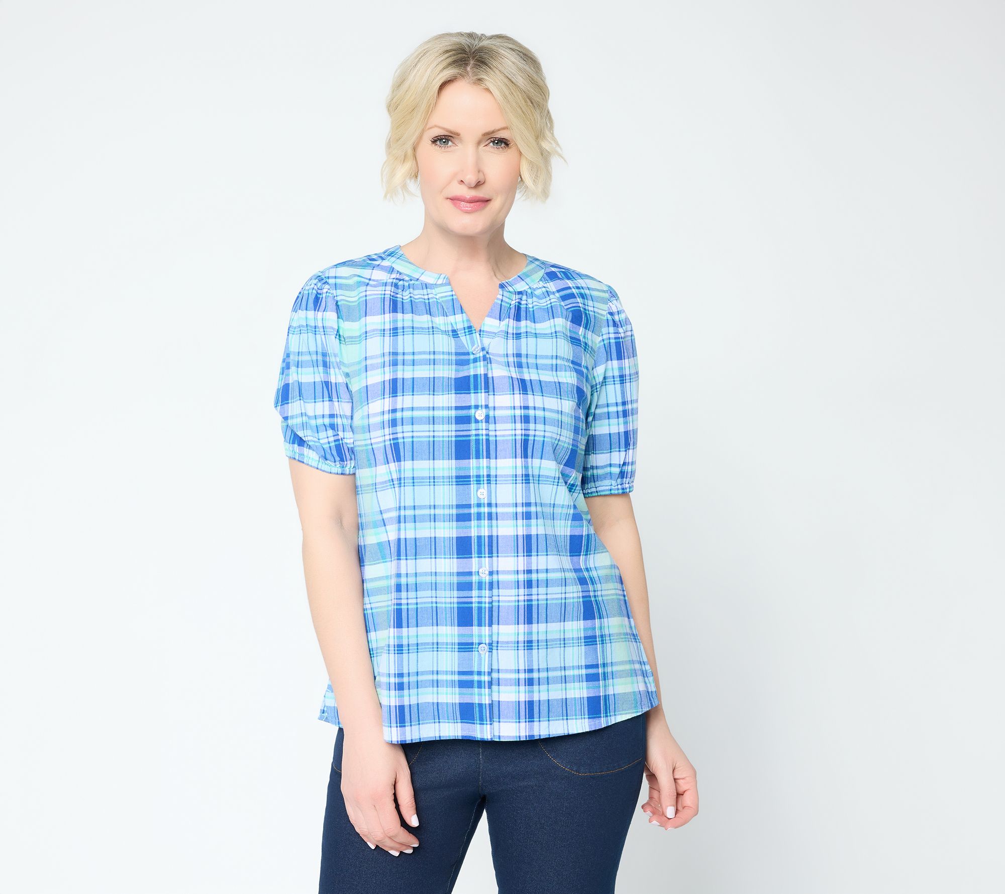 Denim & Co. 100% Cotton Madras Plaid Woven Button Front Top