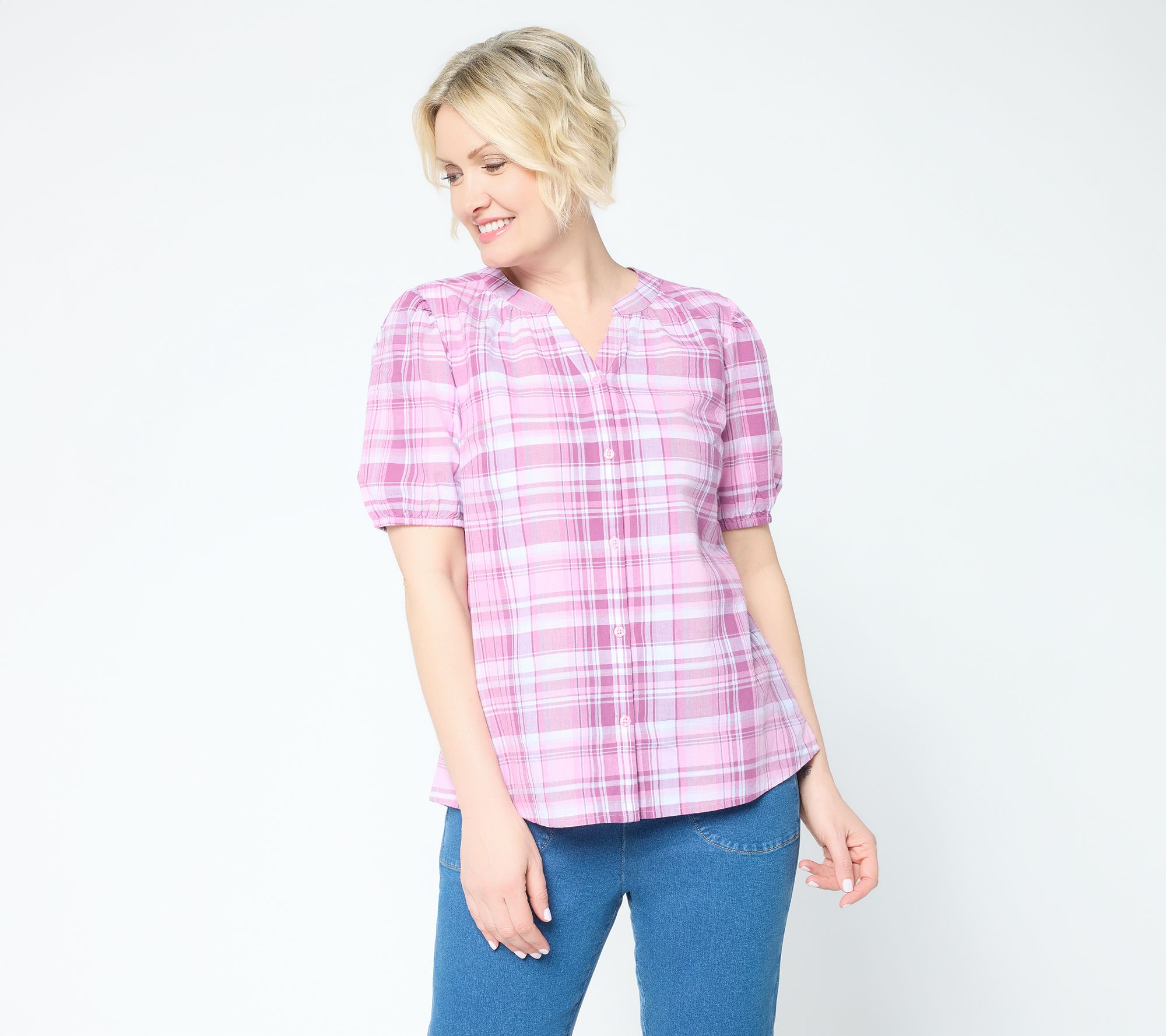Denim & Co. 100% Cotton Madras Plaid Woven Button Front Top