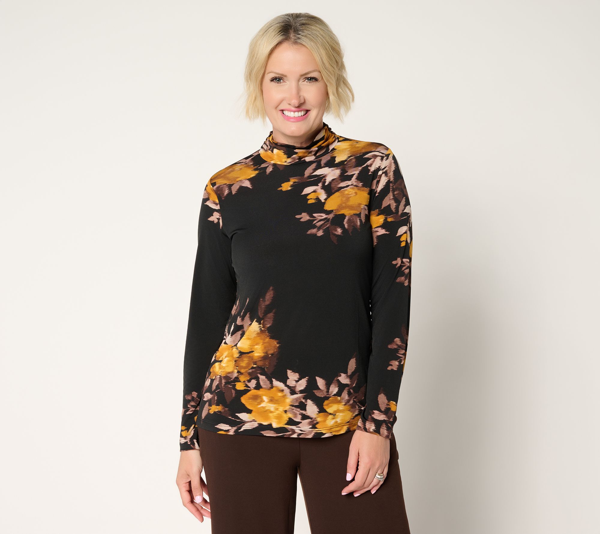 "As Is" Susan Graver Printed Liquid Knit Mock-Neck Ruched Long Slv