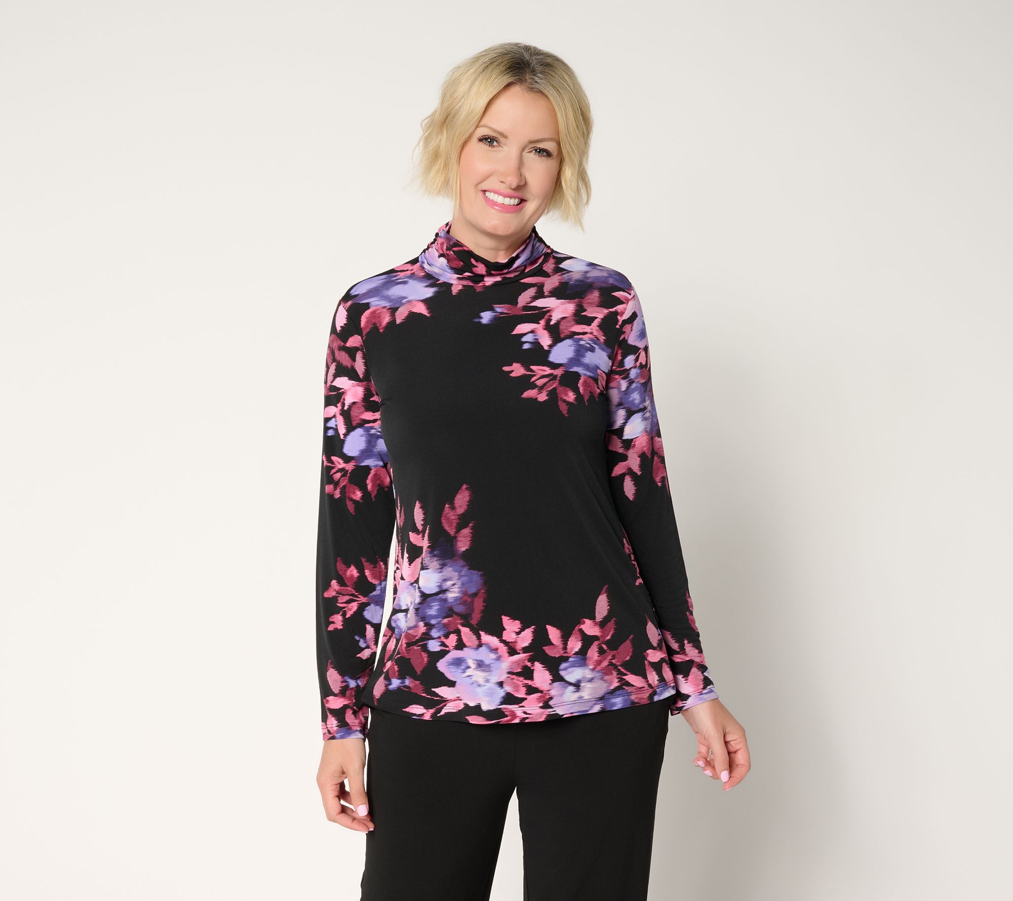 "As Is" Susan Graver Printed Liquid Knit Mock-Neck Ruched Long Slv