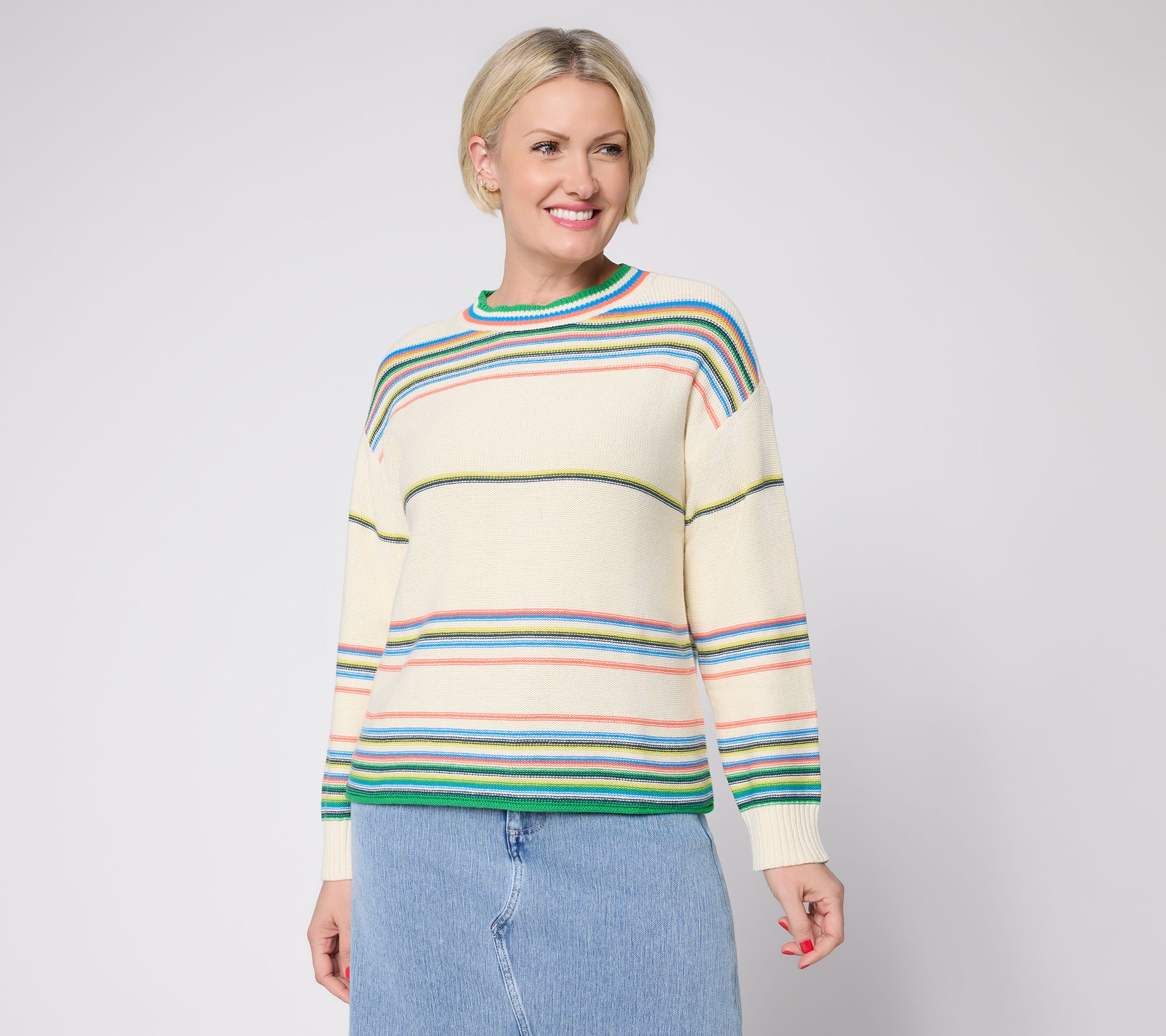Peace Love World Striped Cotton Crew Neck Sweater