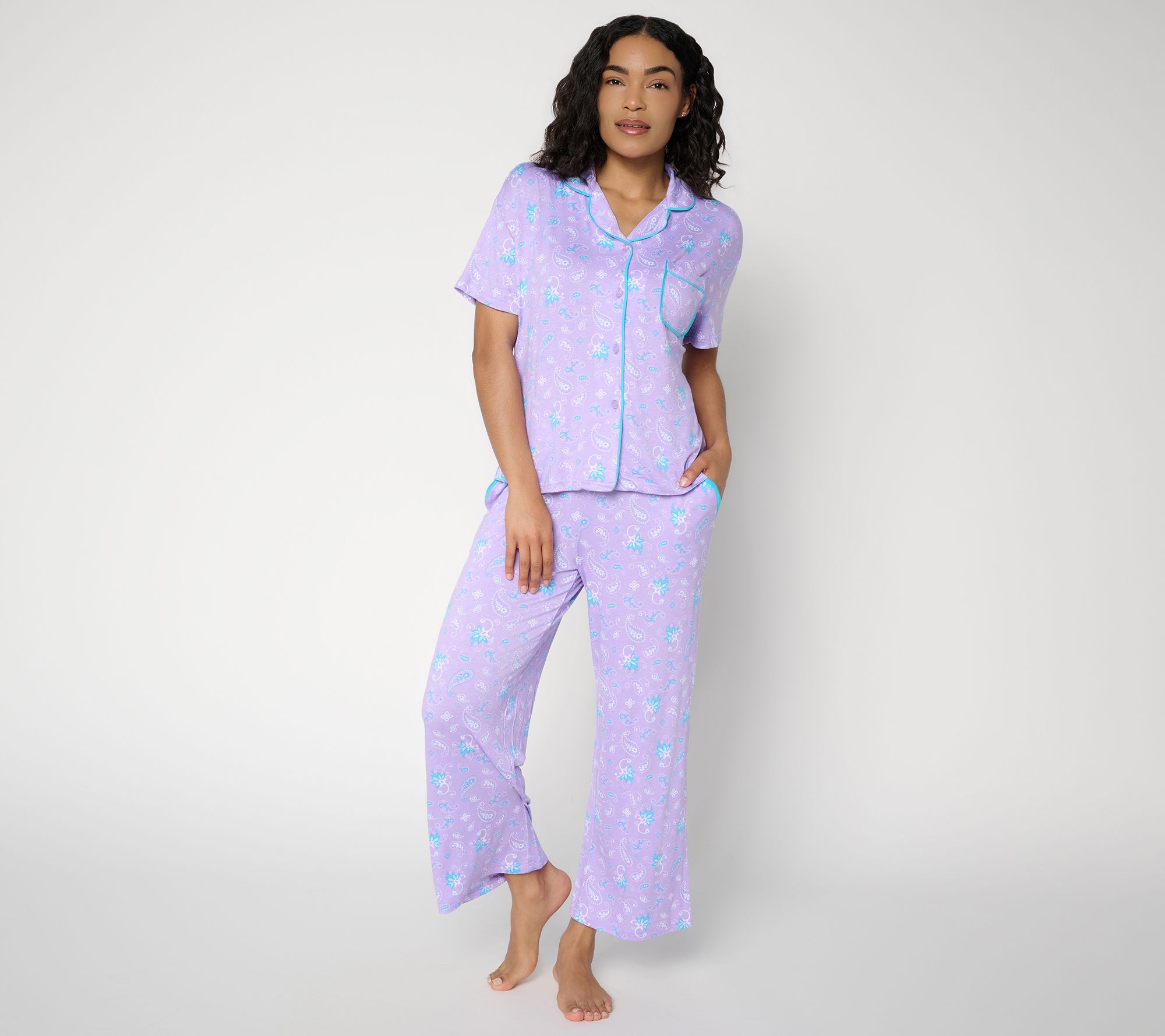 "As Is" MUK LUKS Contrast Trim Notch Collar & Crop Pant Pajama Set