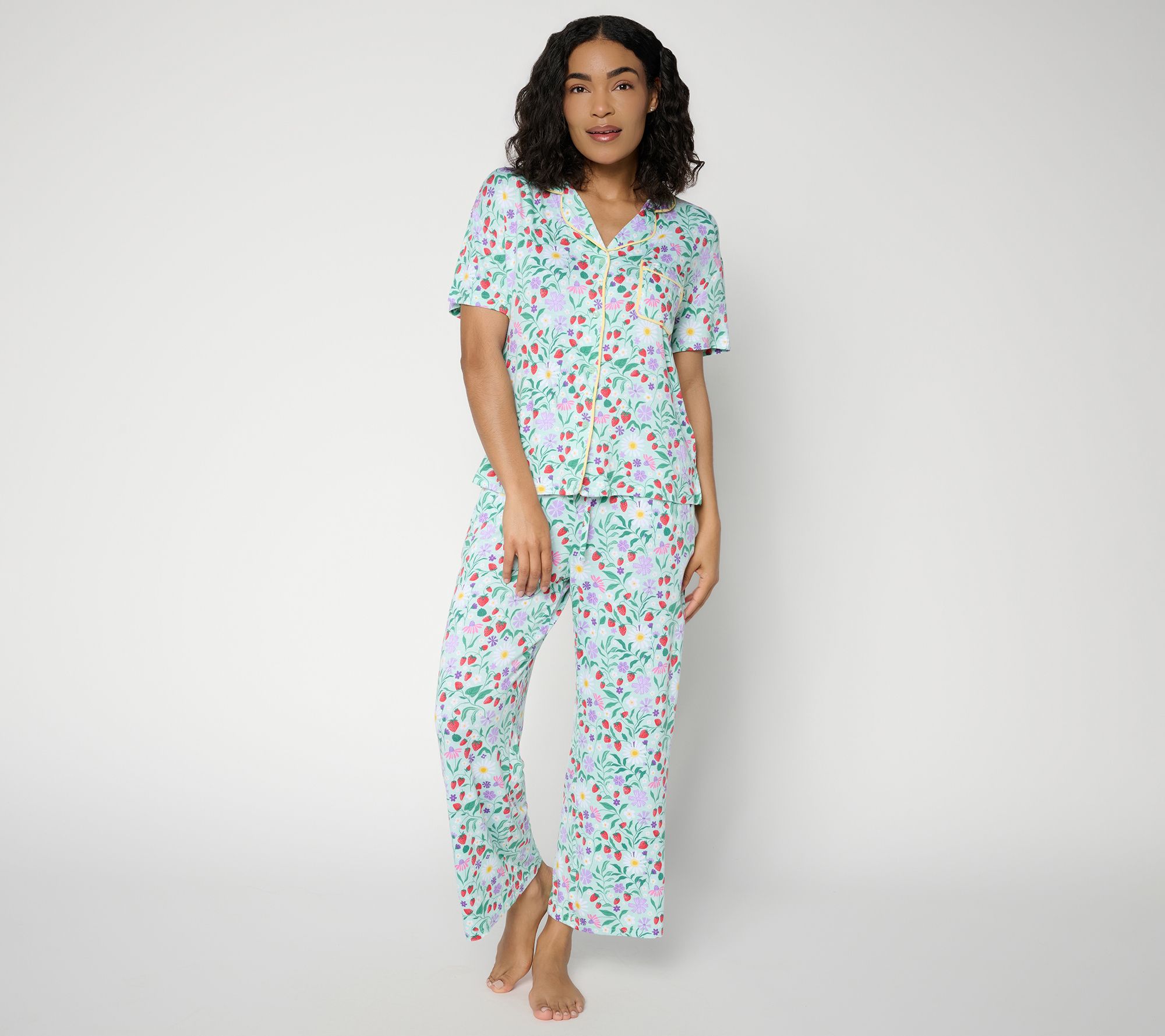 "As Is" MUK LUKS Contrast Trim Notch Collar & Crop Pant Pajama Set