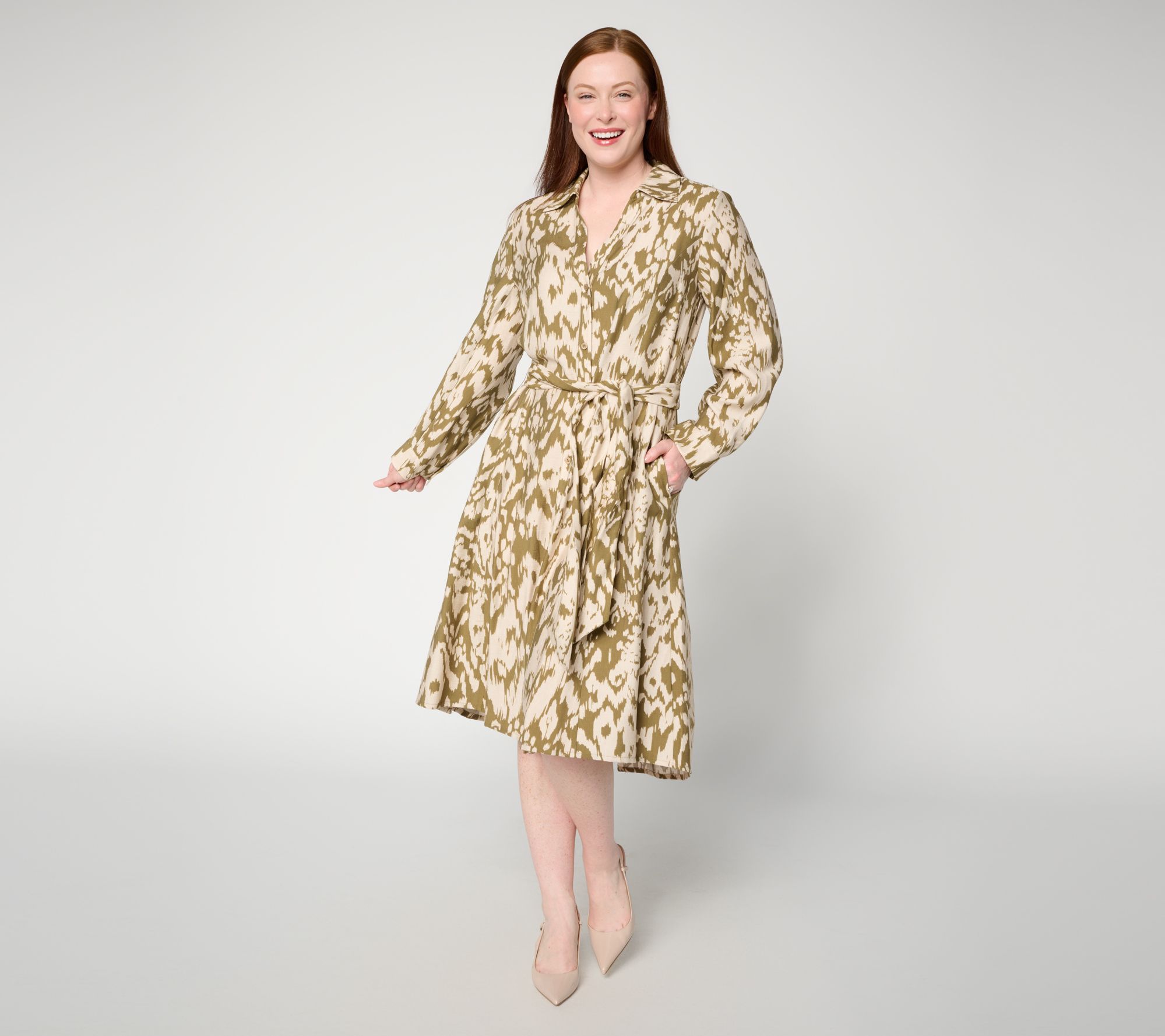 "As Is" Dennis Basso Petite Drapy Ikat Button Front Shirt Dress