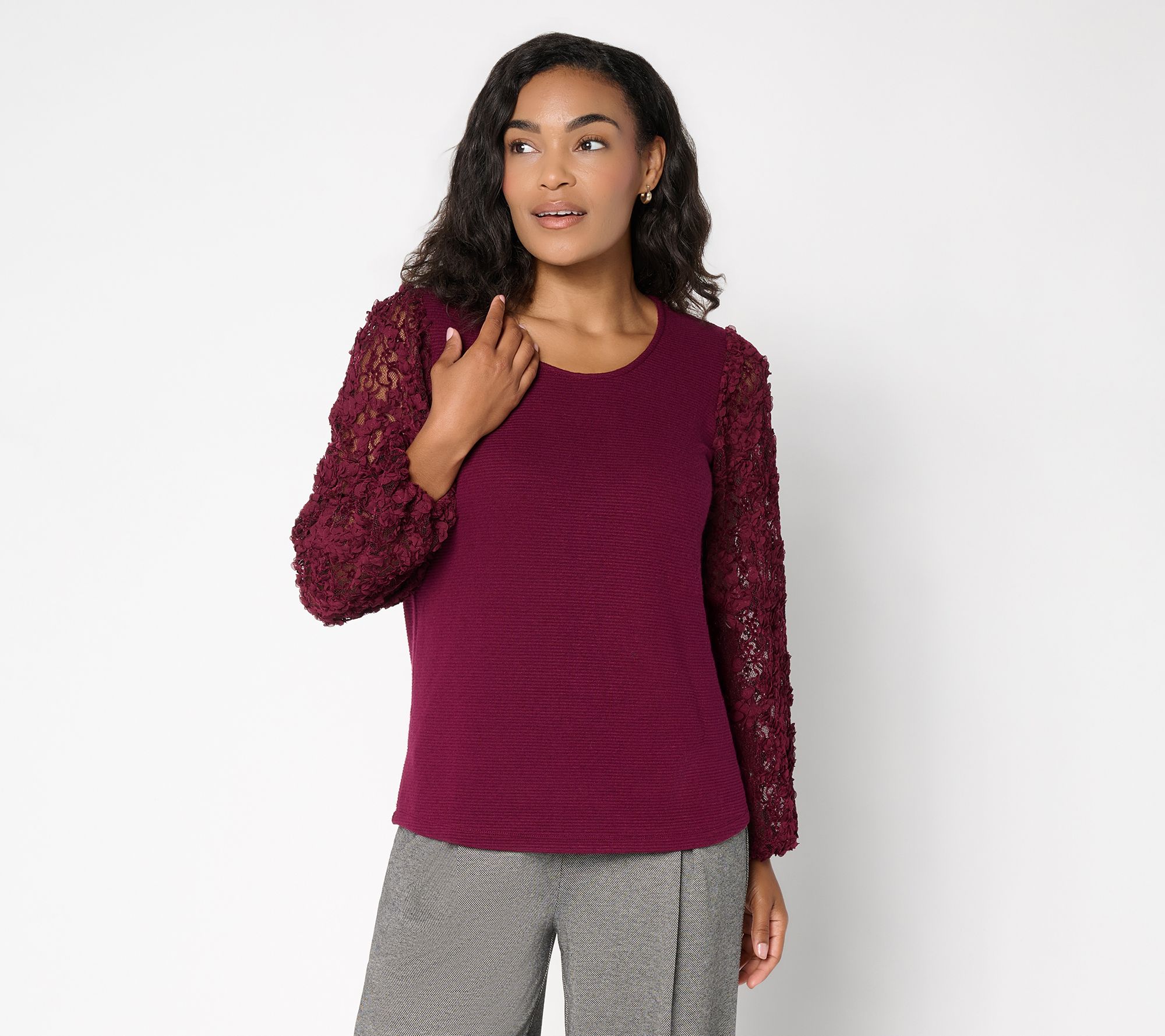 Susan Graver Ottoman Knit Bateau Neck Top w/ Novelty Sleeves