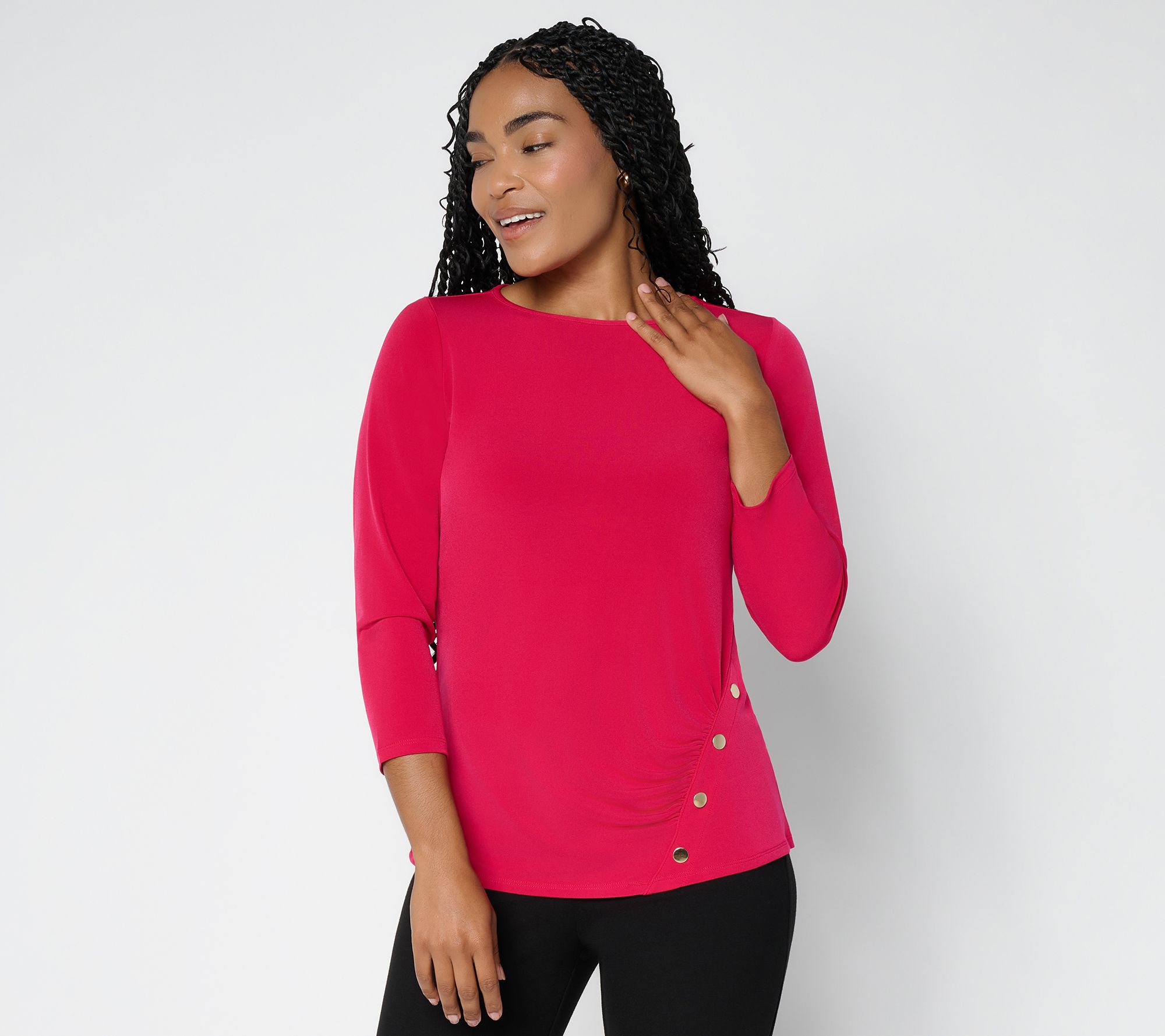  Susan Graver Liquid Knit Ballet Neck Top W/ Asymmetrical Trim