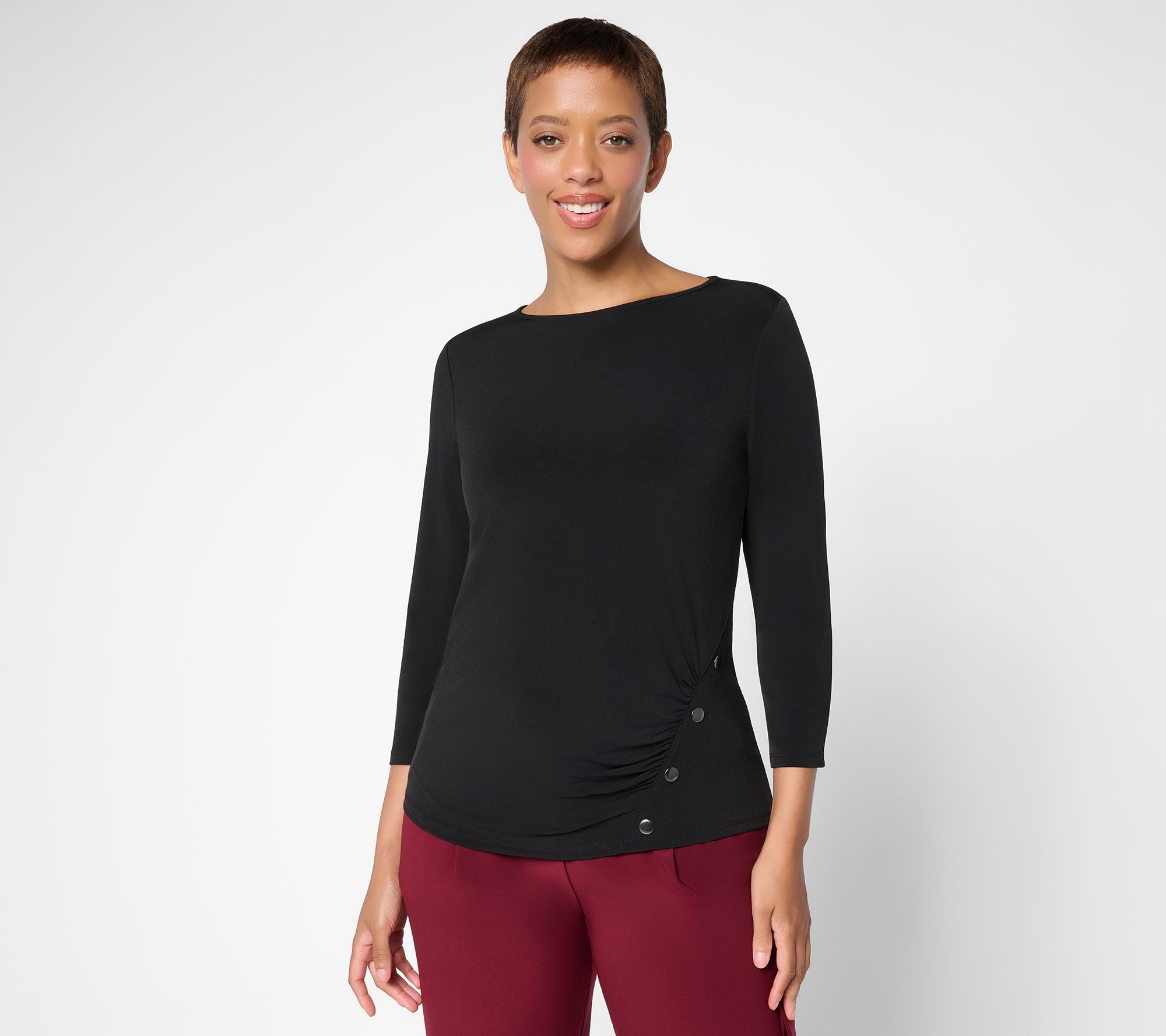 Susan Graver Liquid Knit Ballet Neck Top W/ Asymmetrical Trim