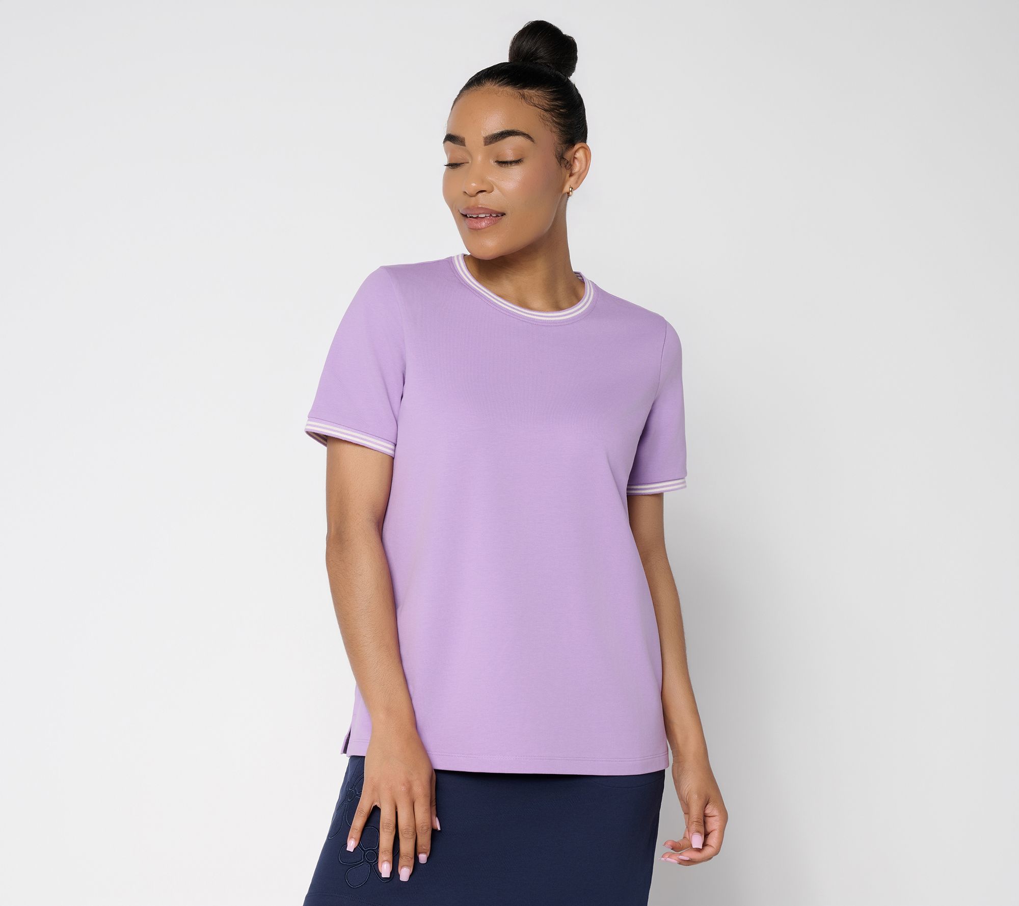"As Is" Denim & Co. Active French Terry Elbow Sleeve Top w/ Tipping