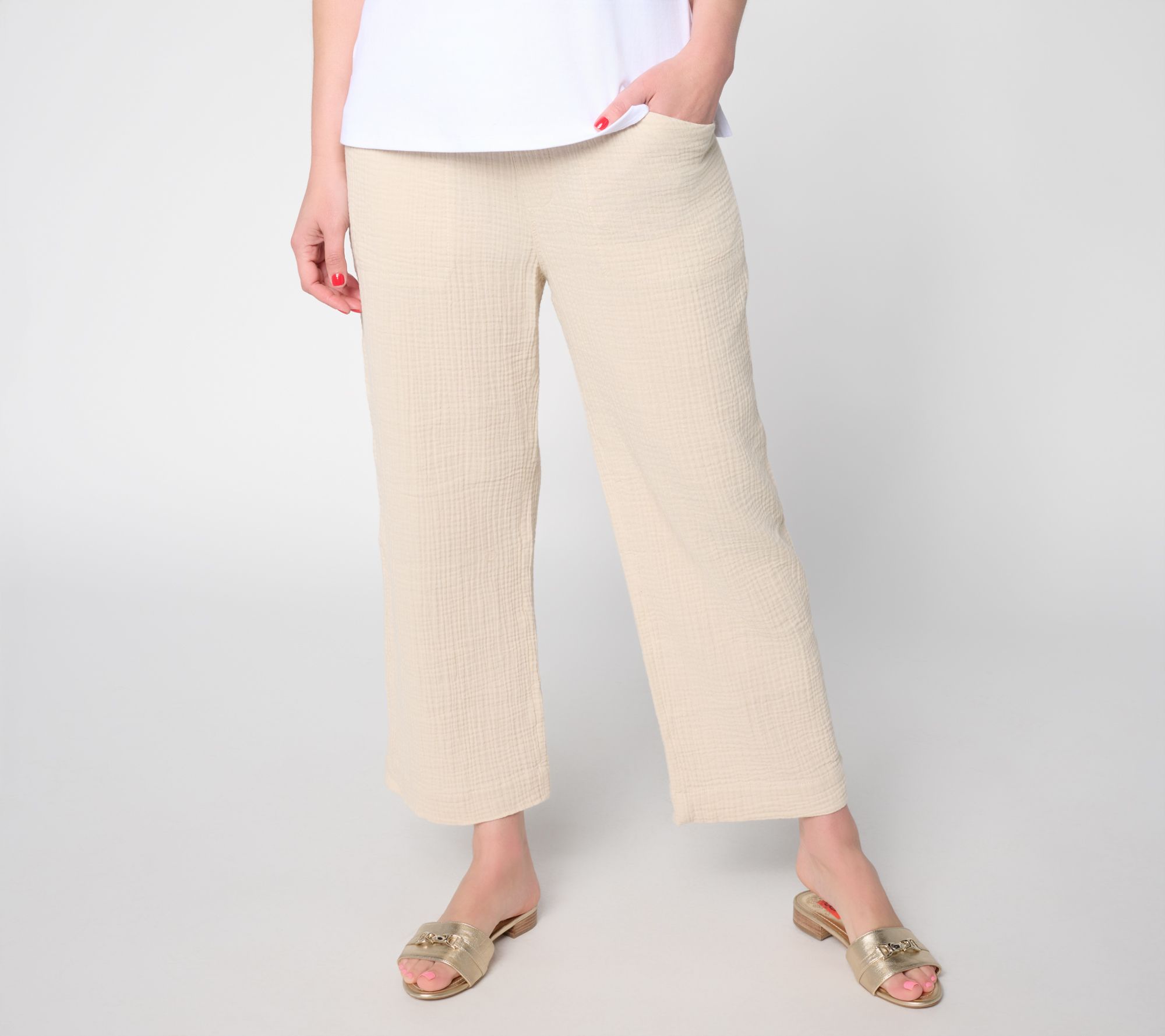 "As Is" Susan Graver Regular Getaway Cotton Gauze Wide Leg Crop Pants