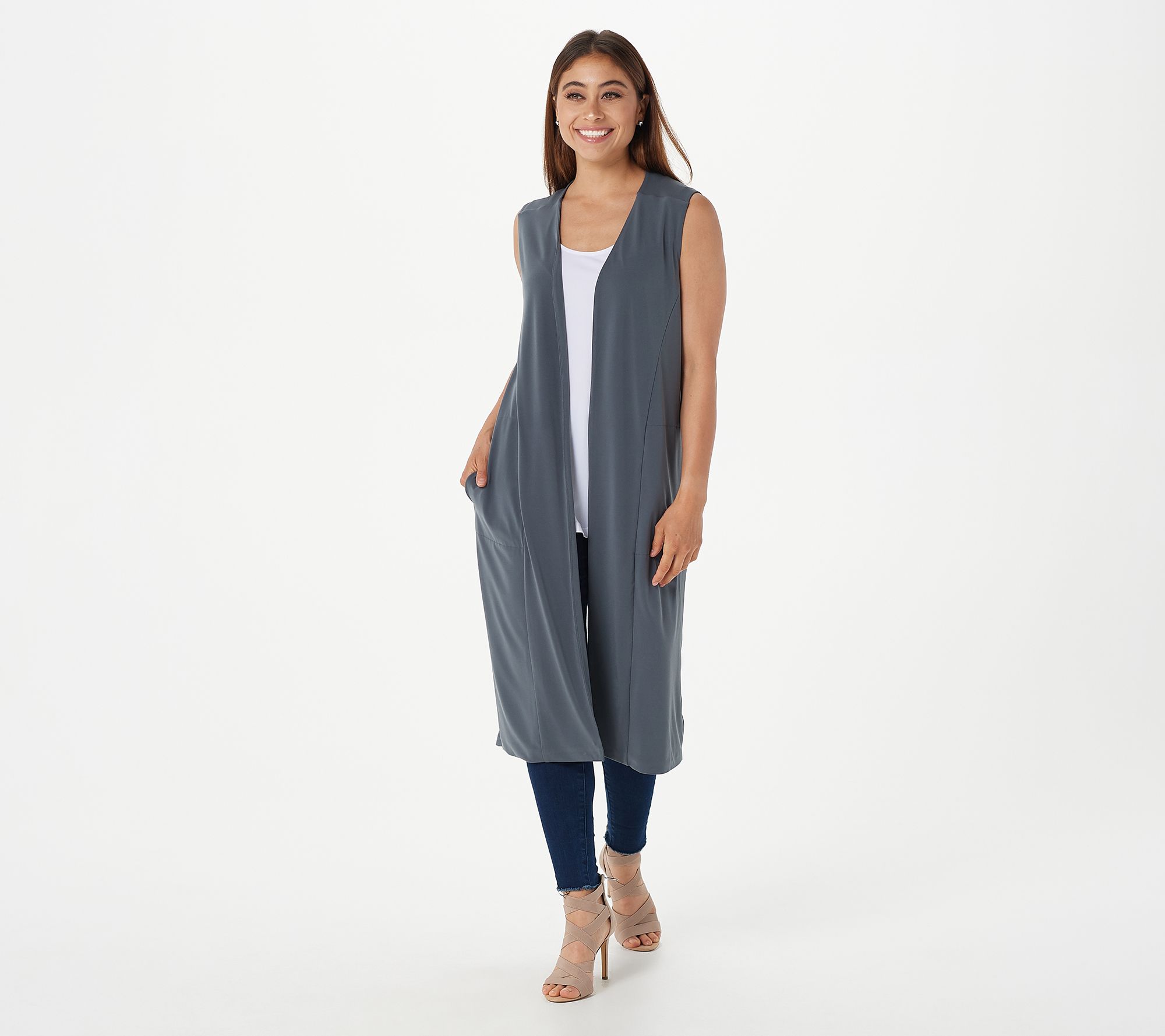 GRAVER Susan Graver Liquid Knit Open Front Vest w/ Chiffon Back