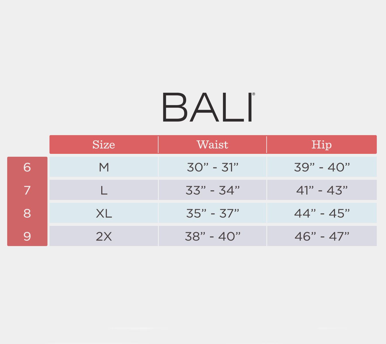 Bali Panty Size Chart