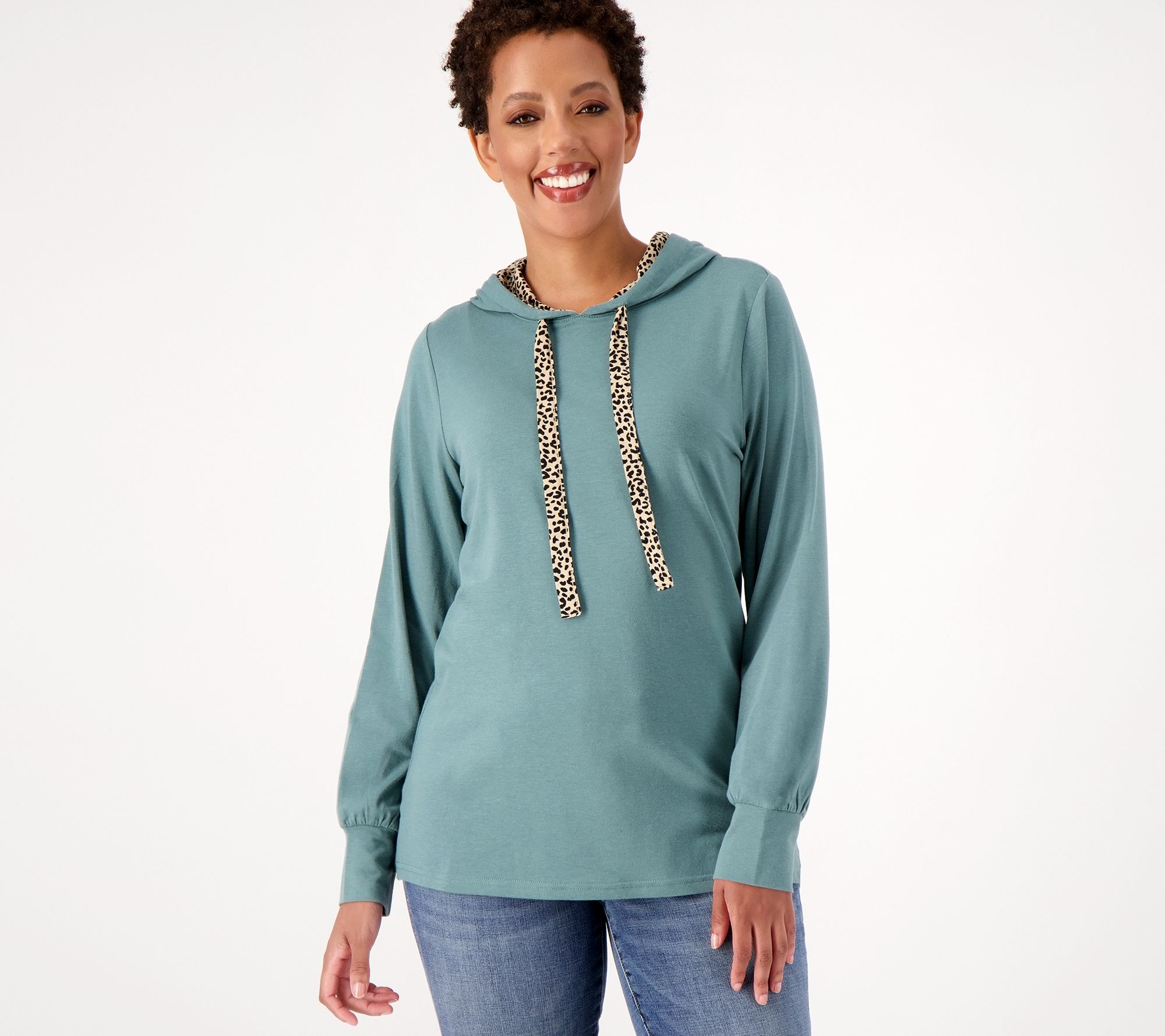 Belle by Kim Gravel TripleLuxe Hooded Top w/ Leopard Trim