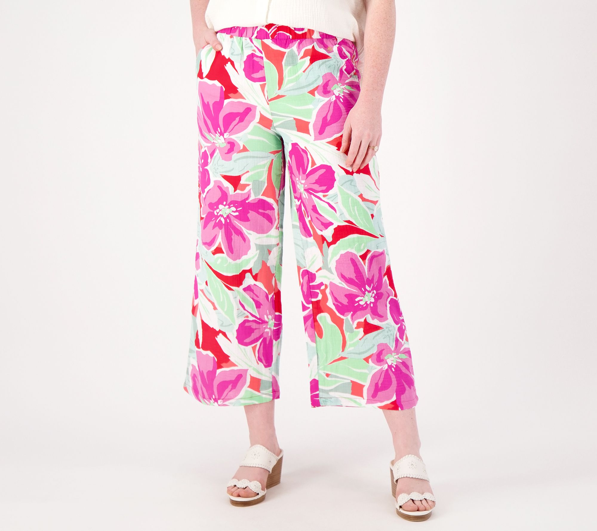 Susan Graver Soleil Regular Gauze Wide Leg Crop Beach Pant