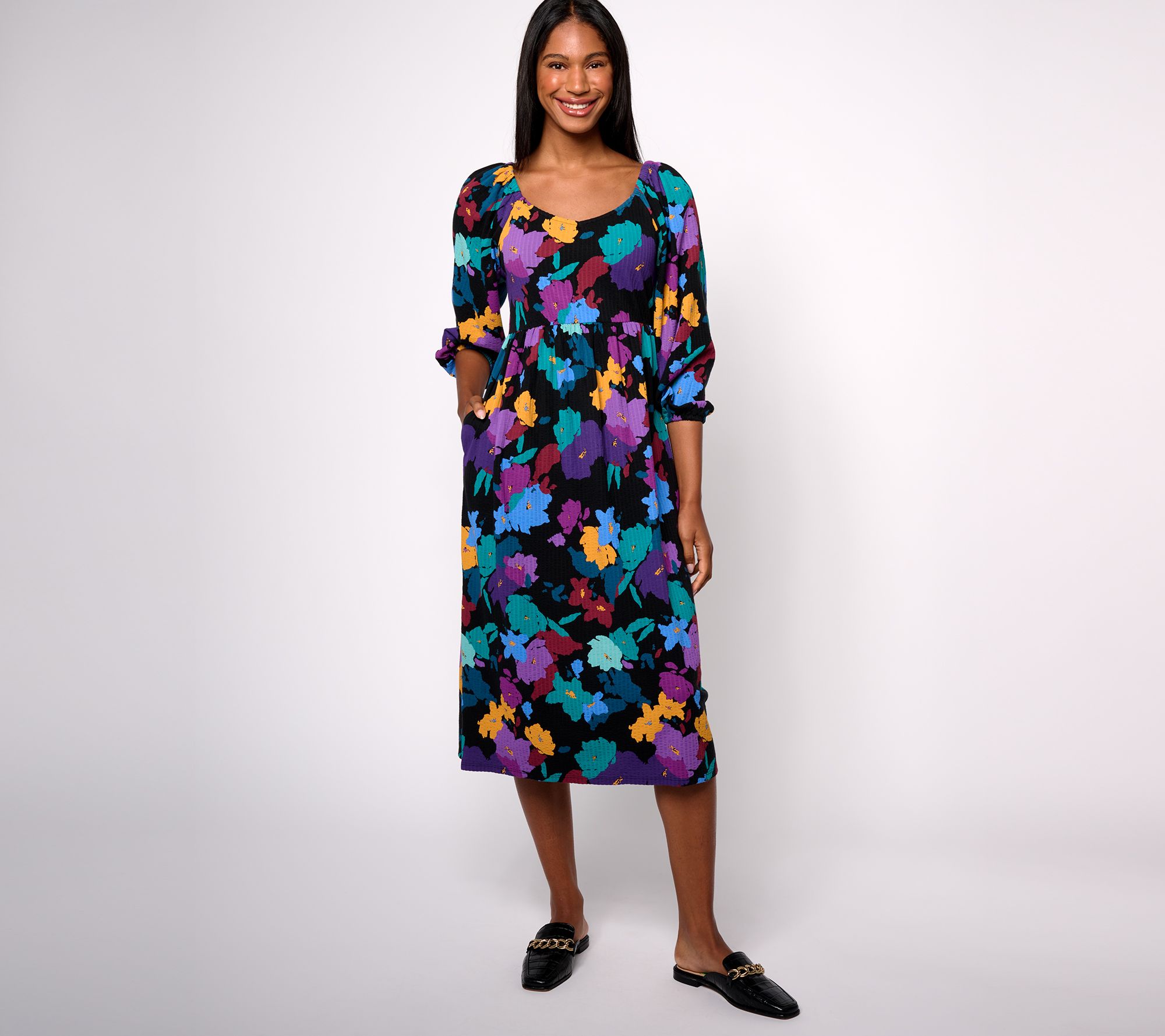 AnyBody Petite Daydreamer Knit Printed Dress with Smocking