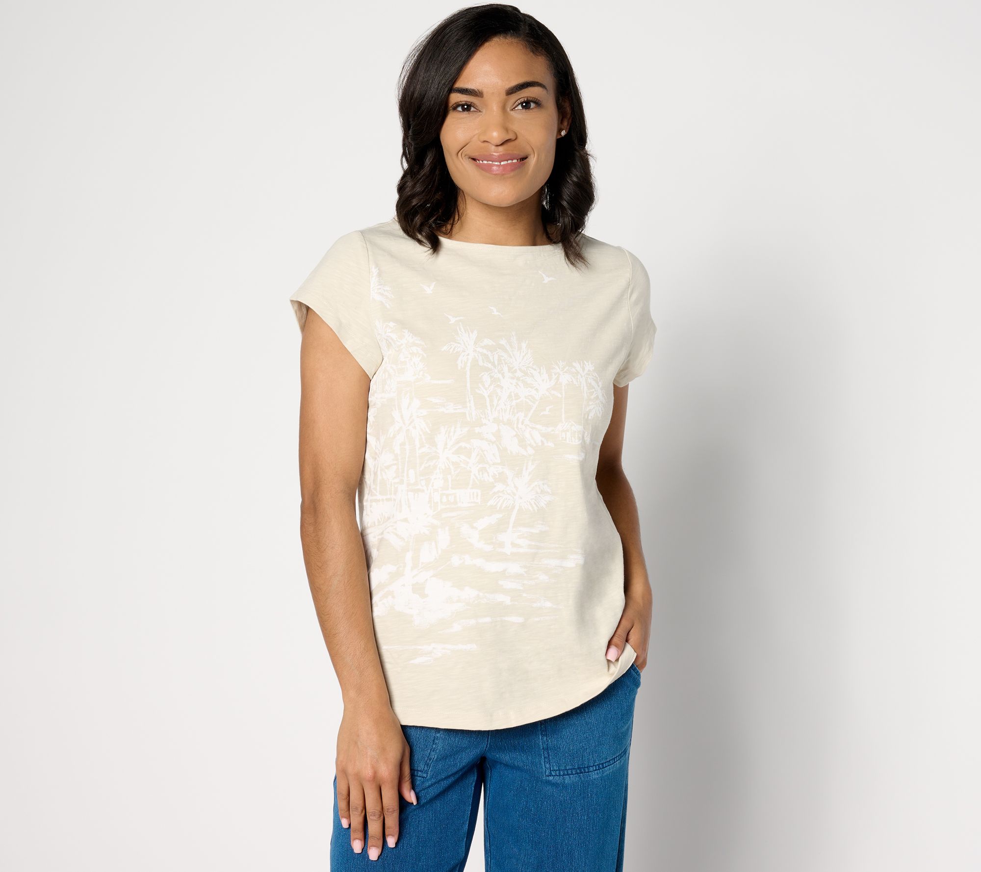 Denim & Co. Printed Texture Knit Boat Neck Cap Sleeve Top