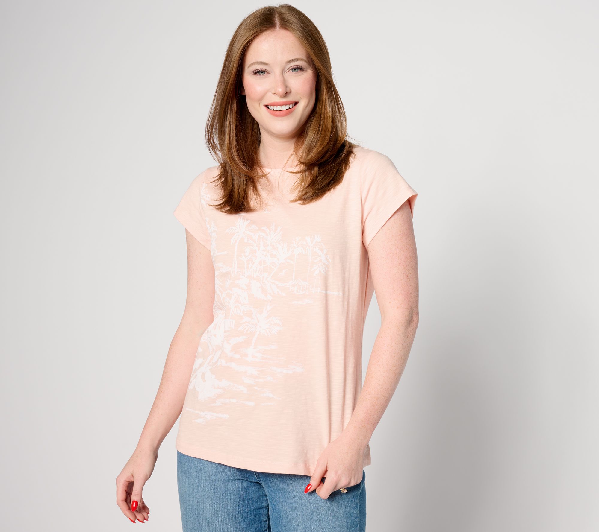 Denim & Co. Printed Texture Knit Boat Neck Cap Sleeve Top