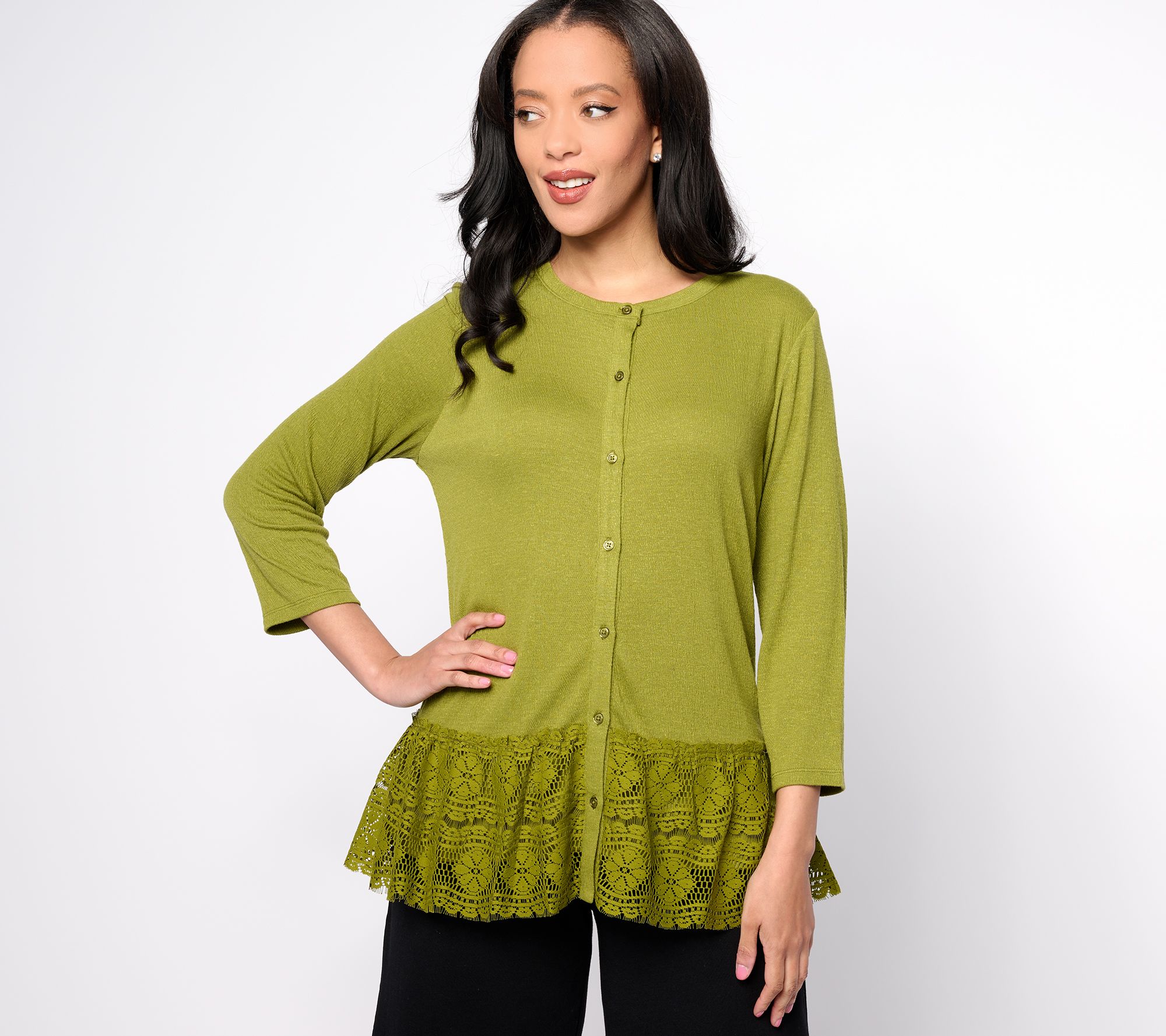 LOGO Linens by Lori Goldstein 3/4 Sleeve Cardigan with Crochet Lace