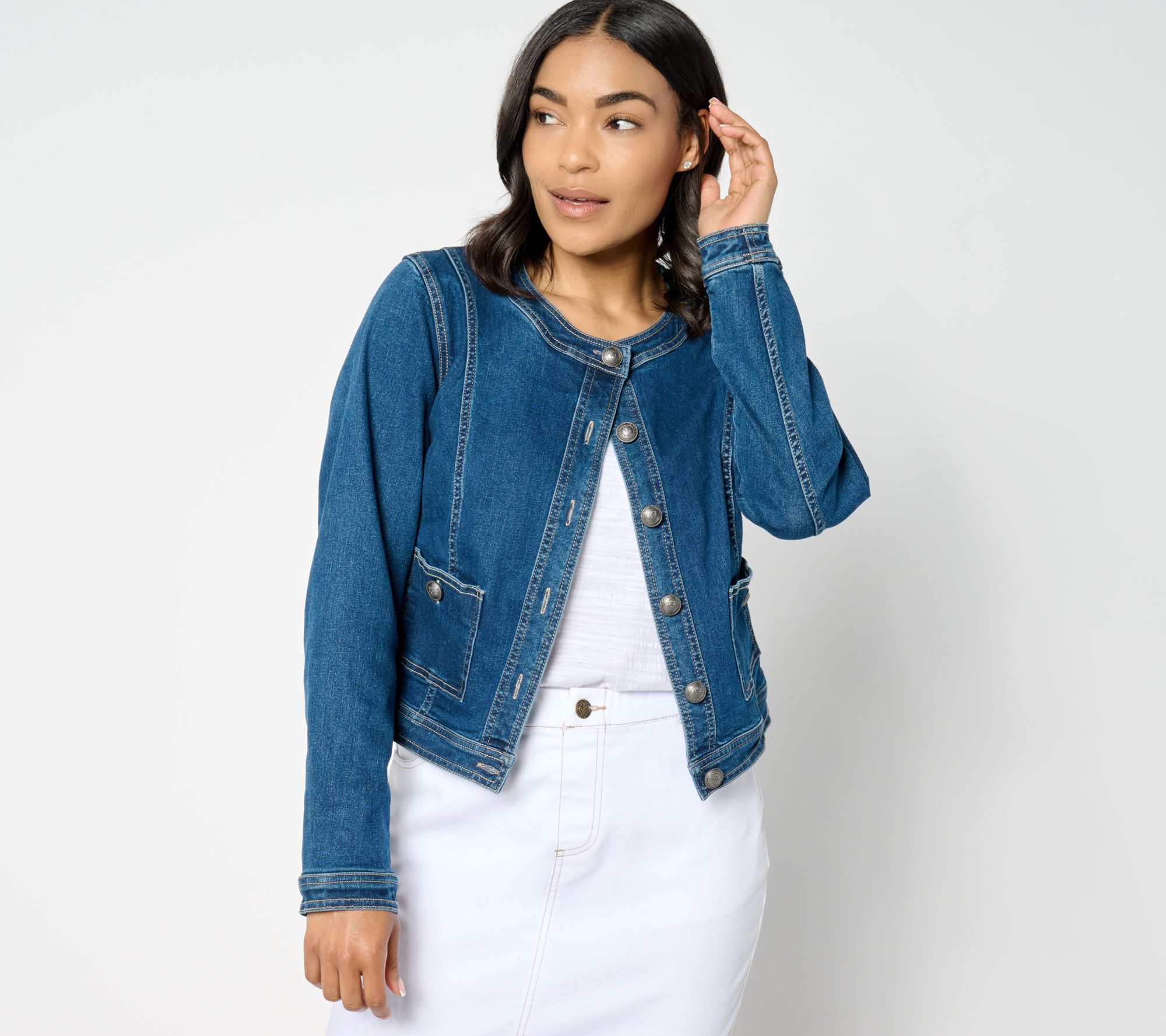 Susan Graver Stretch Denim Collarless Jacket with Patch Pockets