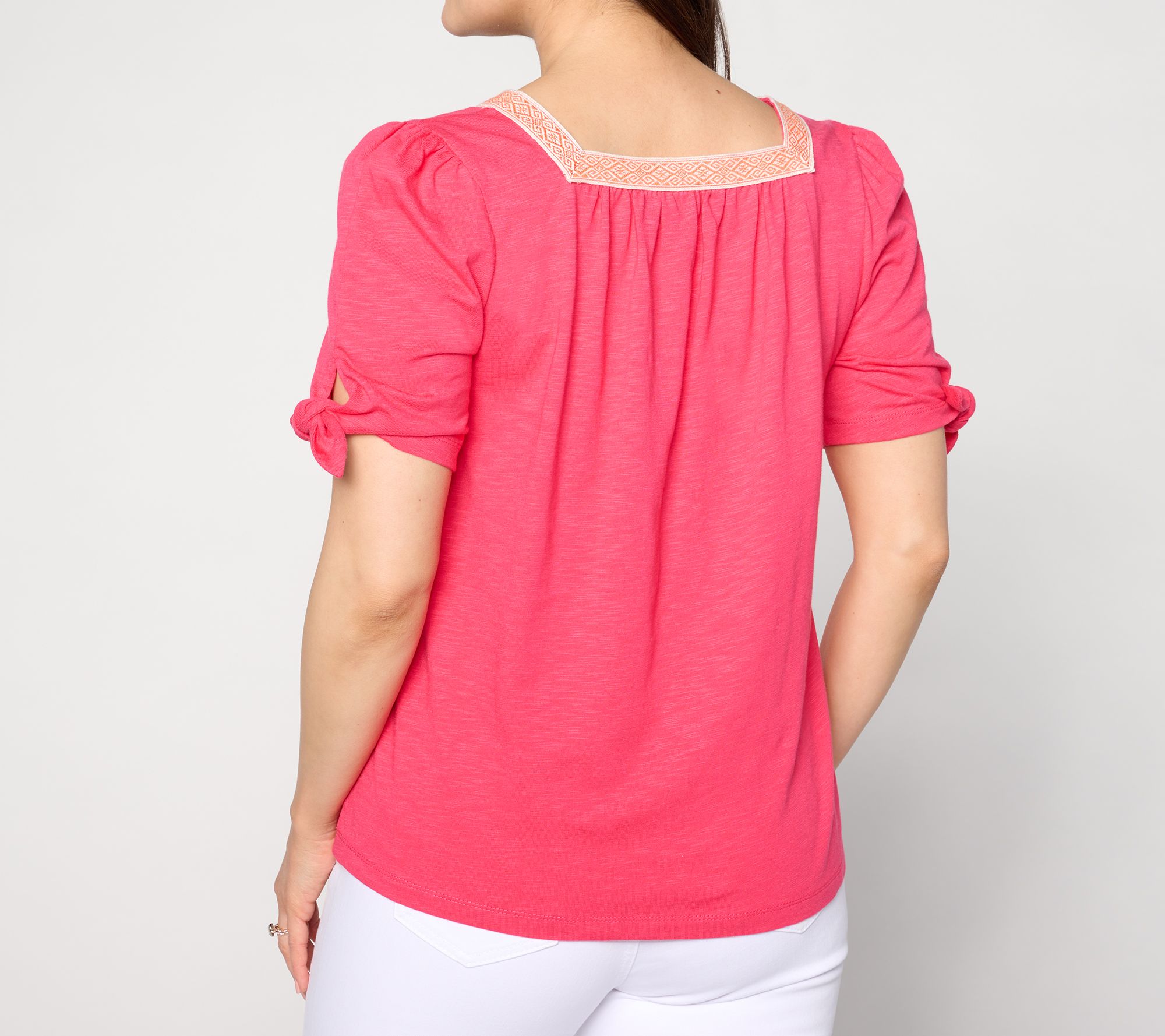 Susan Graver Weekend Textured Tie Sleeve Top With Neck Trim