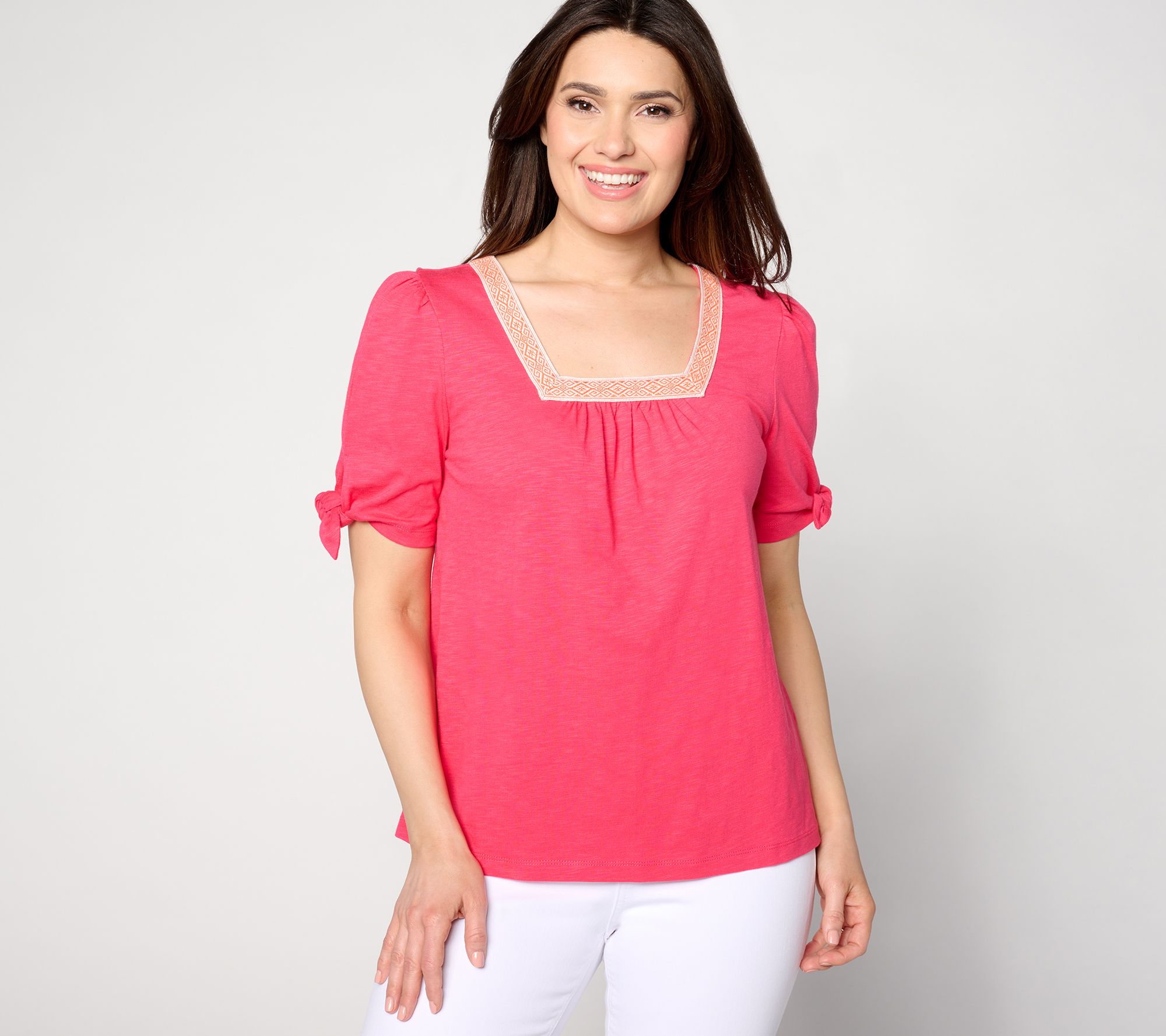 Susan Graver Weekend Textured Tie Sleeve Top with Neck Trim