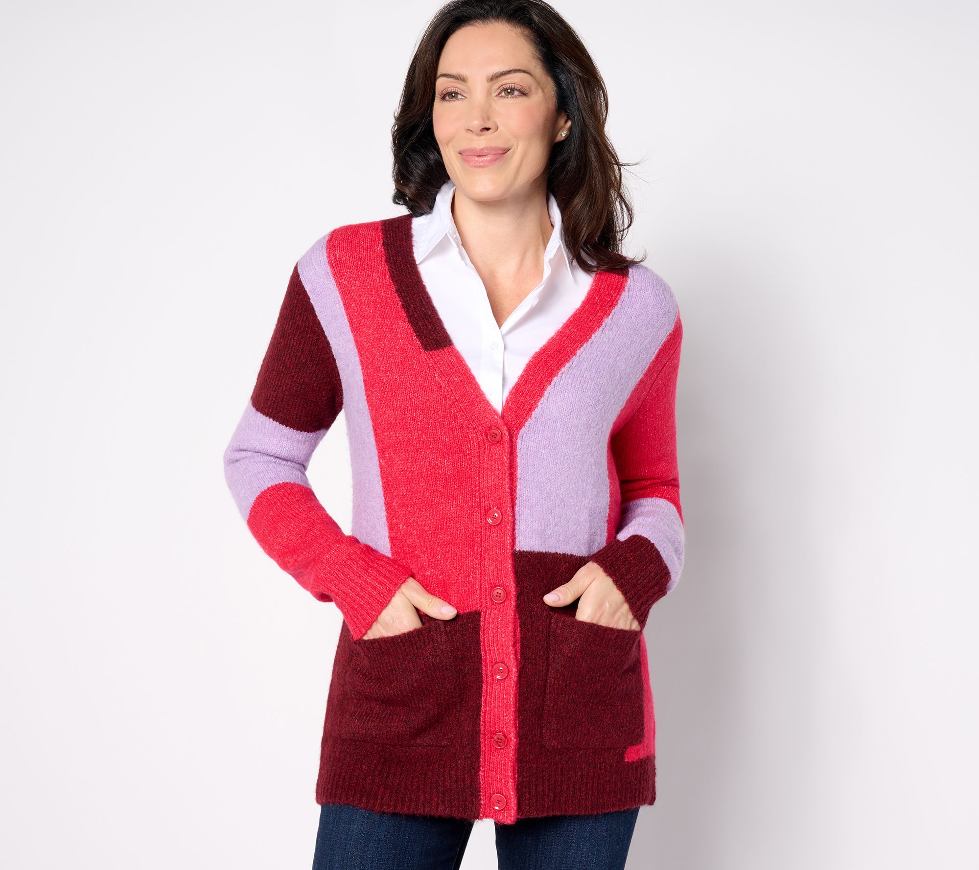 "As Is" LOGO by Lori Goldstein Button Front Colorblock Cardigan