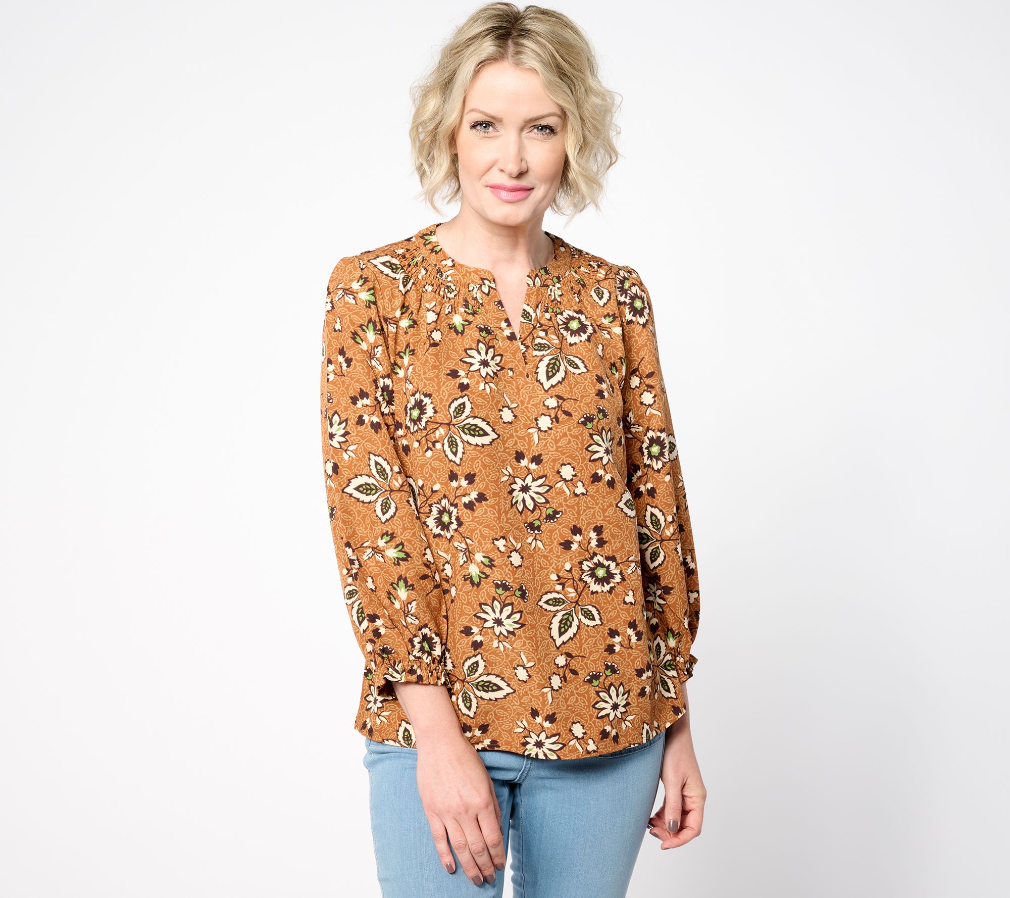 Denim & Co. Printed Balloon Sleeve Smocked Blouse