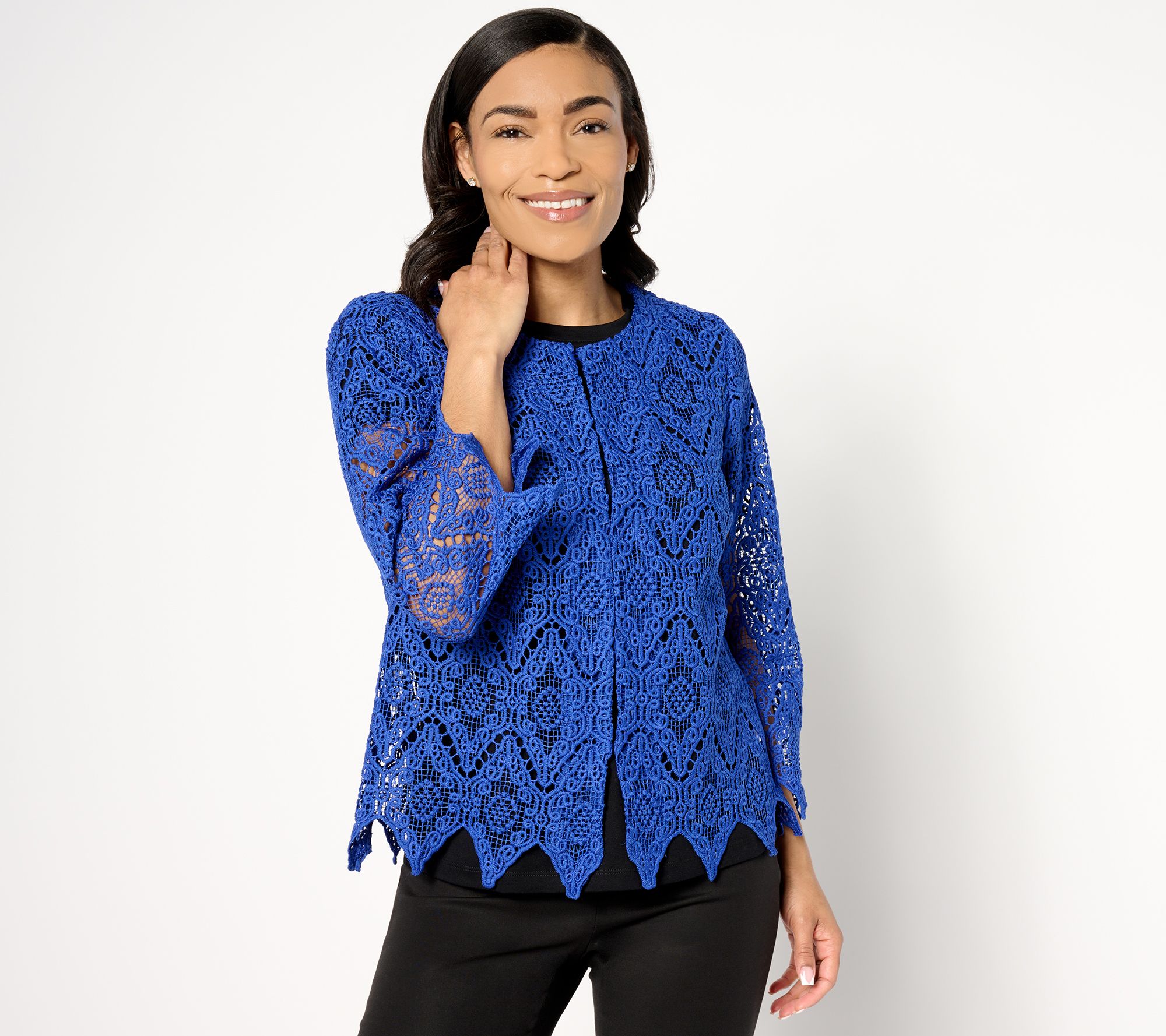 "As Is" Susan Graver Occasion Scalloped Edge Lace 3/4 Sleeve Shrug
