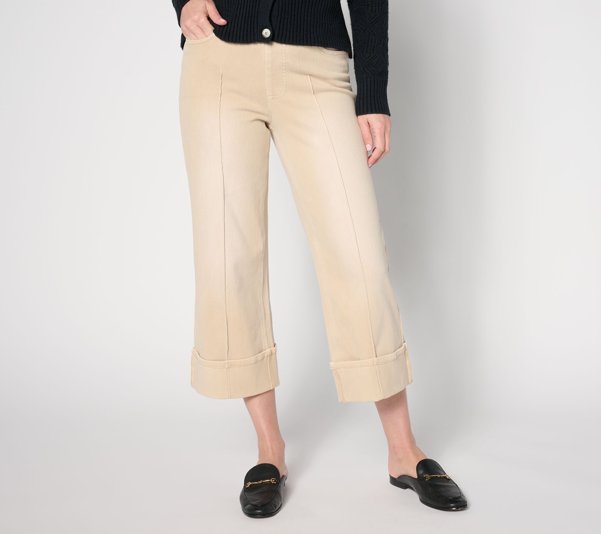 "As Is" Isaac Mizrahi Live! Petite Knit Denim Wide Leg Cuff Crop Jeans