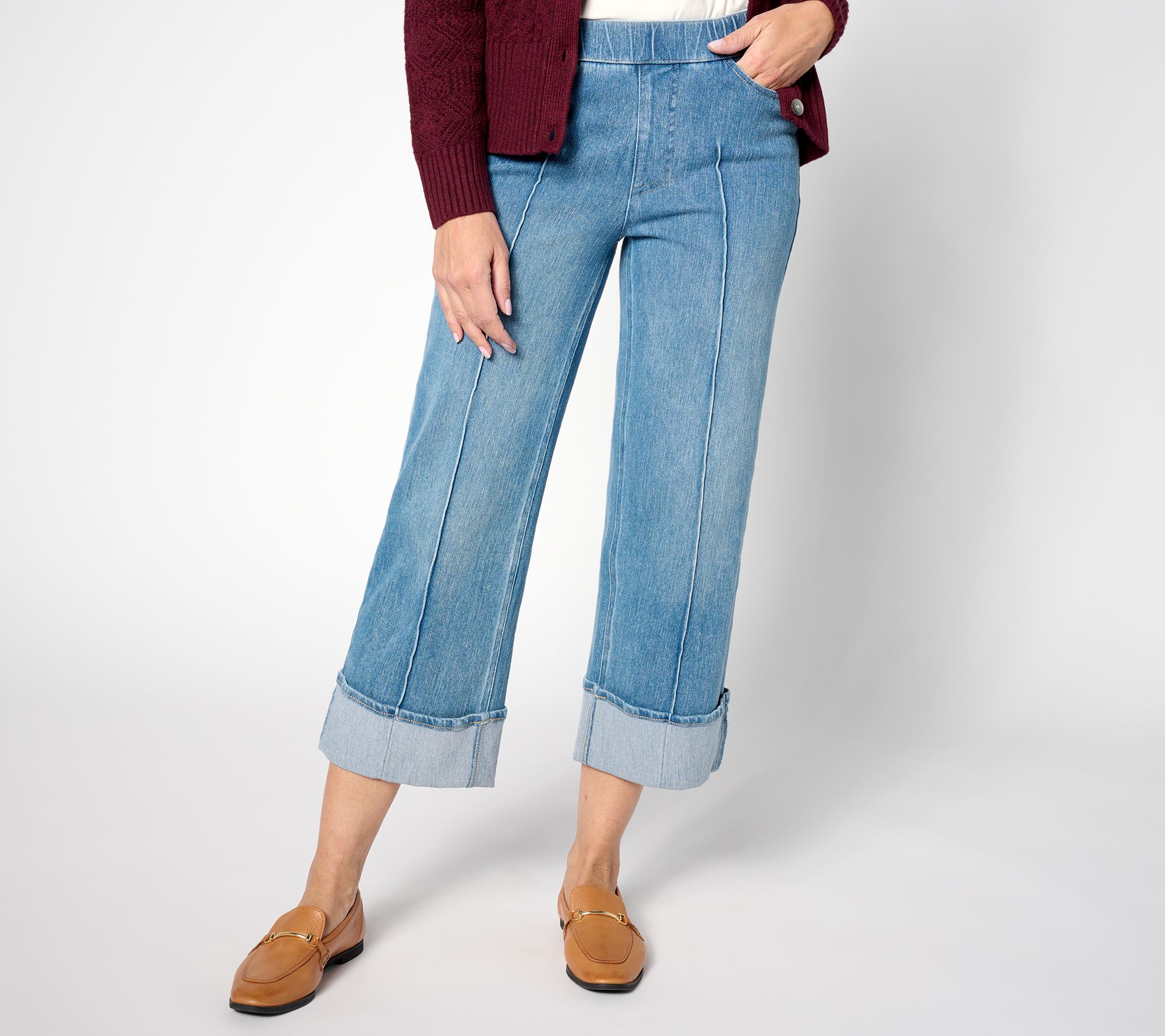 "As Is" Isaac Mizrahi Live! Petite Knit Denim Wide Leg Cuff Crop Jeans