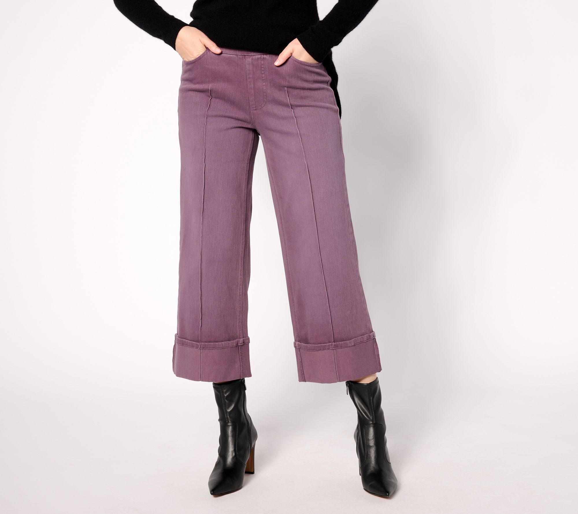 "As Is" Isaac Mizrahi Live! Petite Knit Denim Wide Leg Cuff Crop Jeans