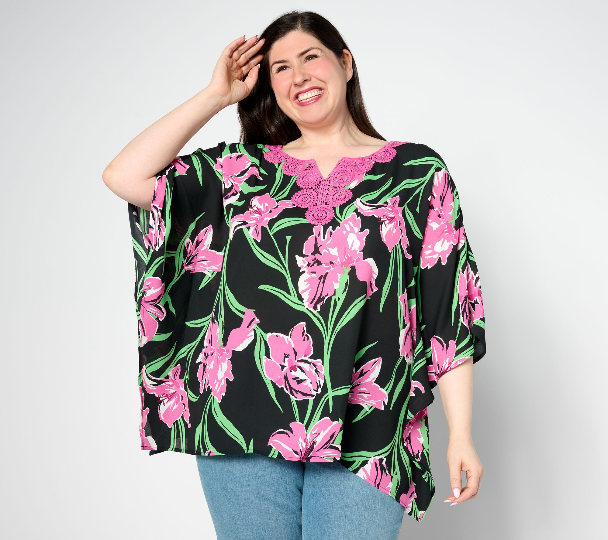 "As Is" Quacker Factory Iris Beauty and Lace Butterfly Top